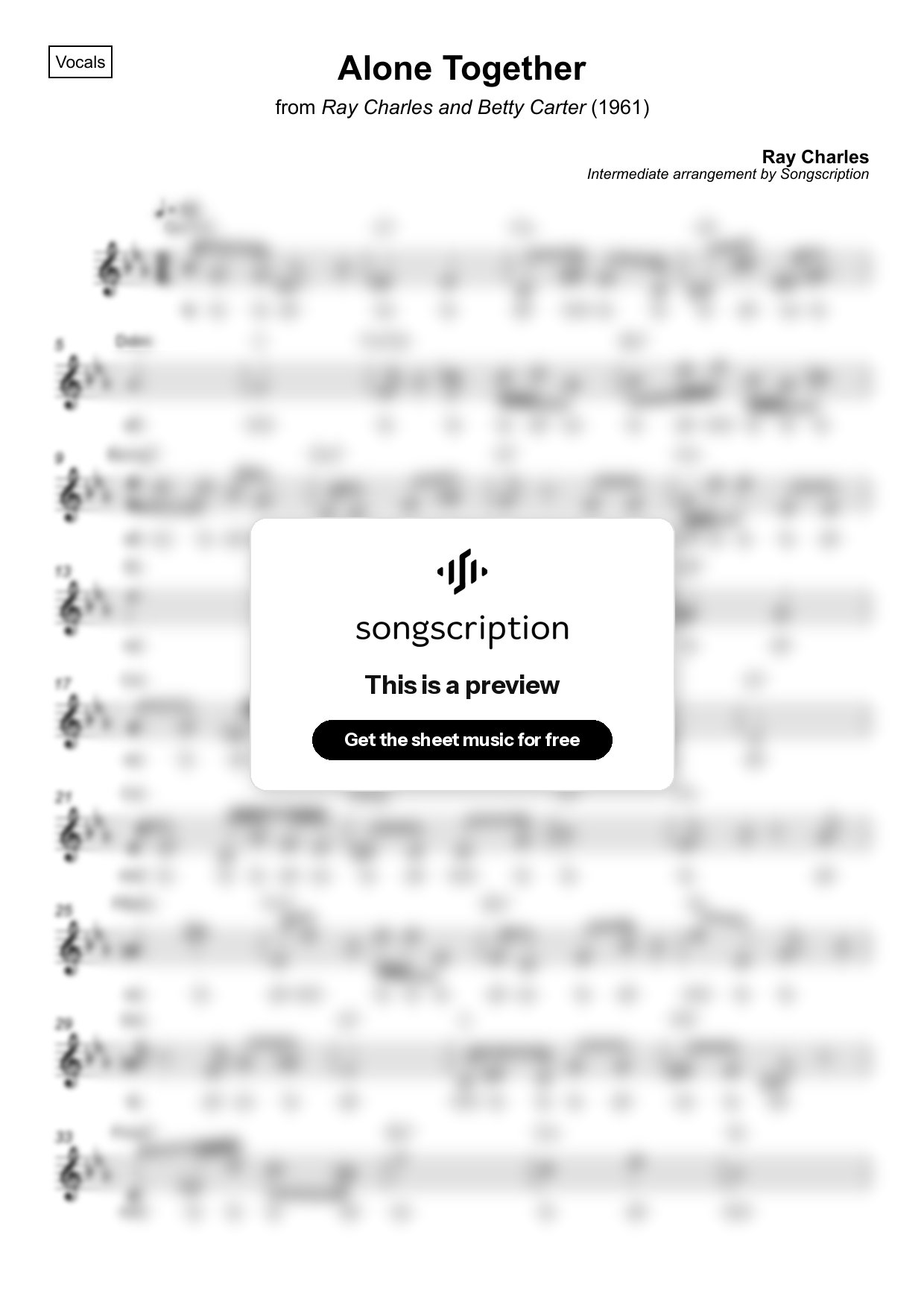 Intermediate Vocals Sheet Music for "Alone Together" by Ray Charles