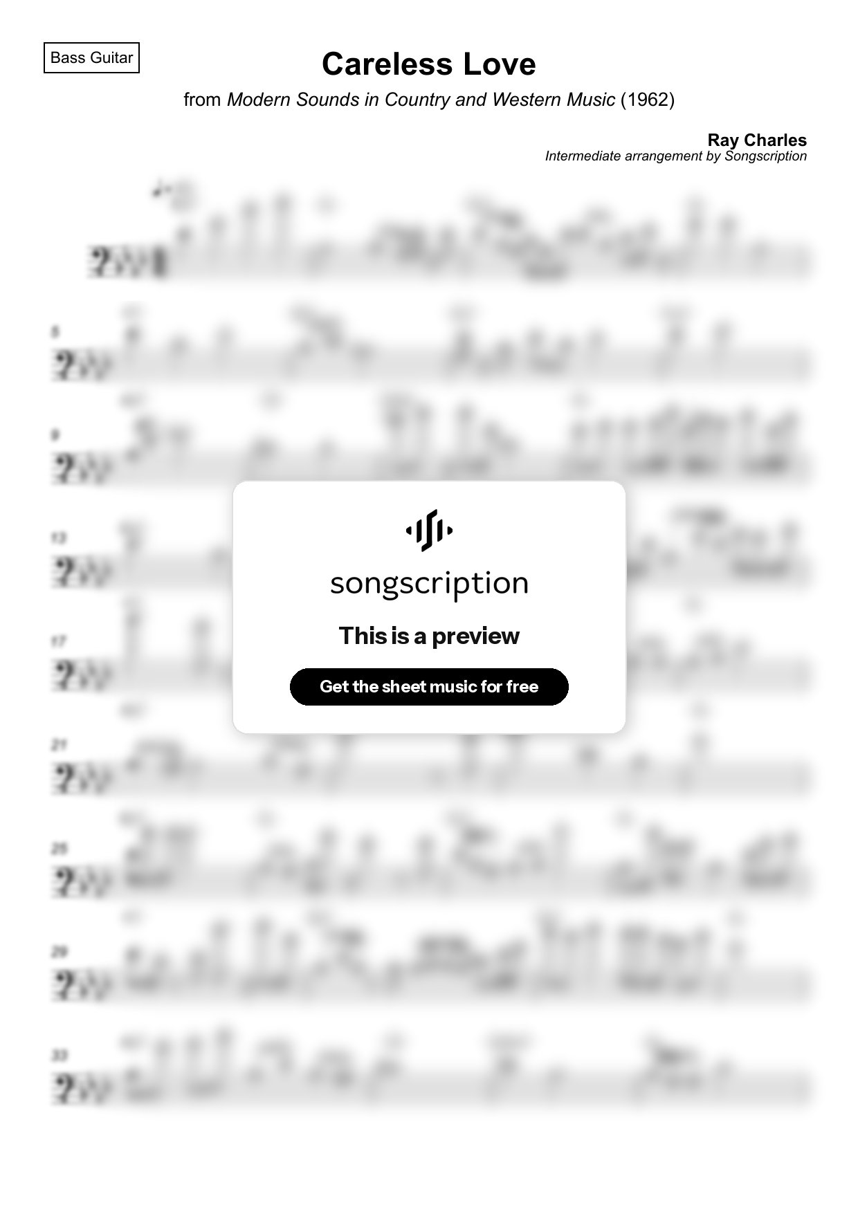Intermediate Bass Guitar Sheet Music for "Careless Love" by Ray Charles