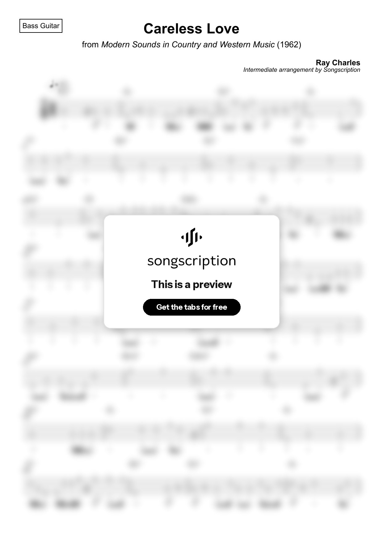 Intermediate Bass Guitar Tabs for "Careless Love" by Ray Charles