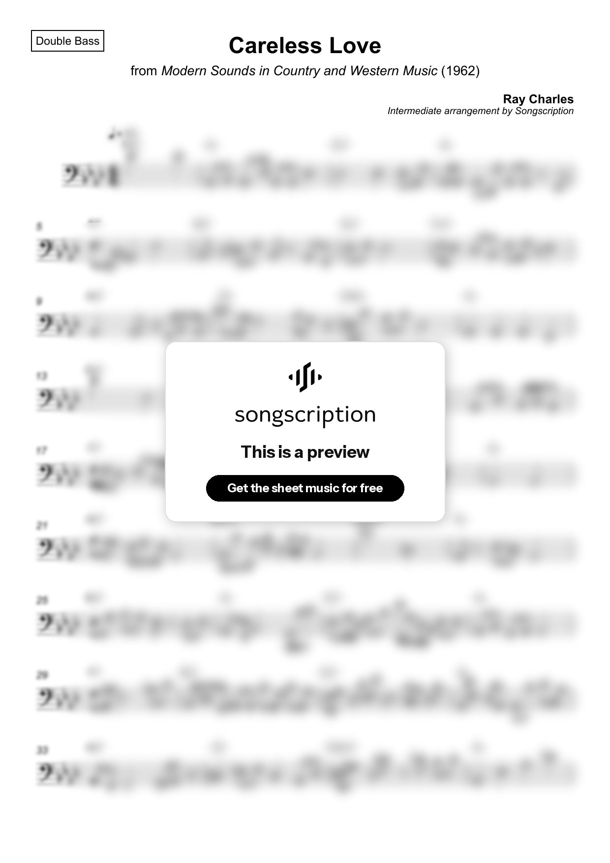 Intermediate Double Bass Sheet Music for "Careless Love" by Ray Charles