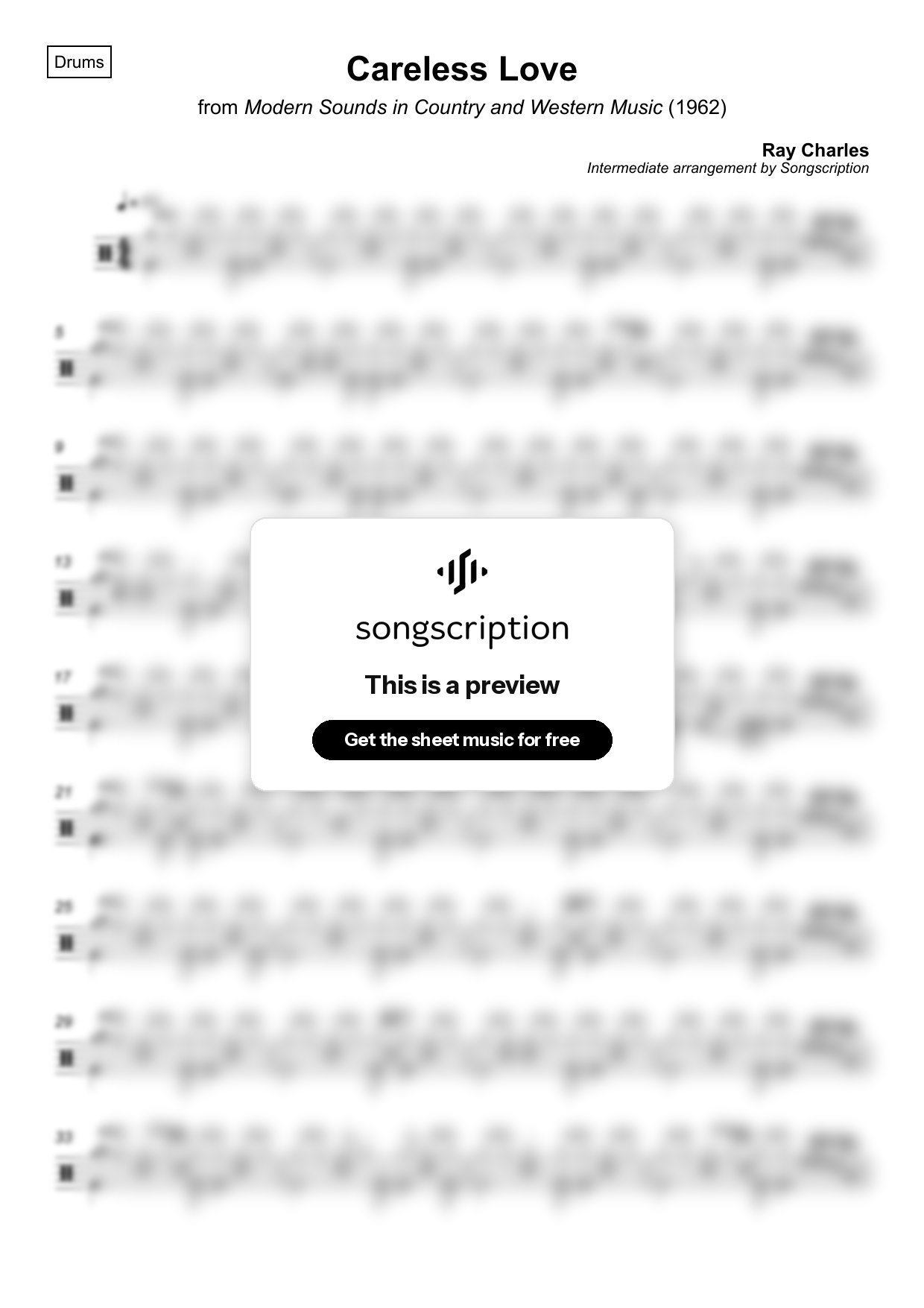Intermediate Drums Sheet Music for "Careless Love" by Ray Charles
