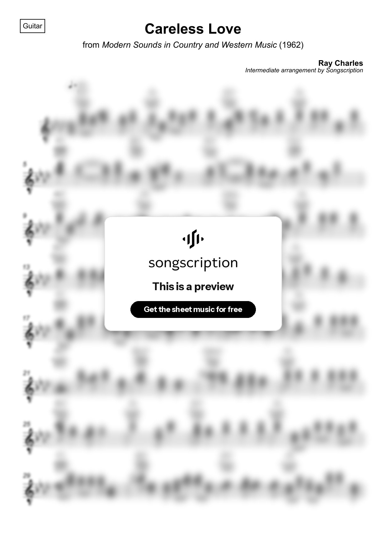Intermediate Acoustic Guitar Sheet Music for "Careless Love" by Ray Charles