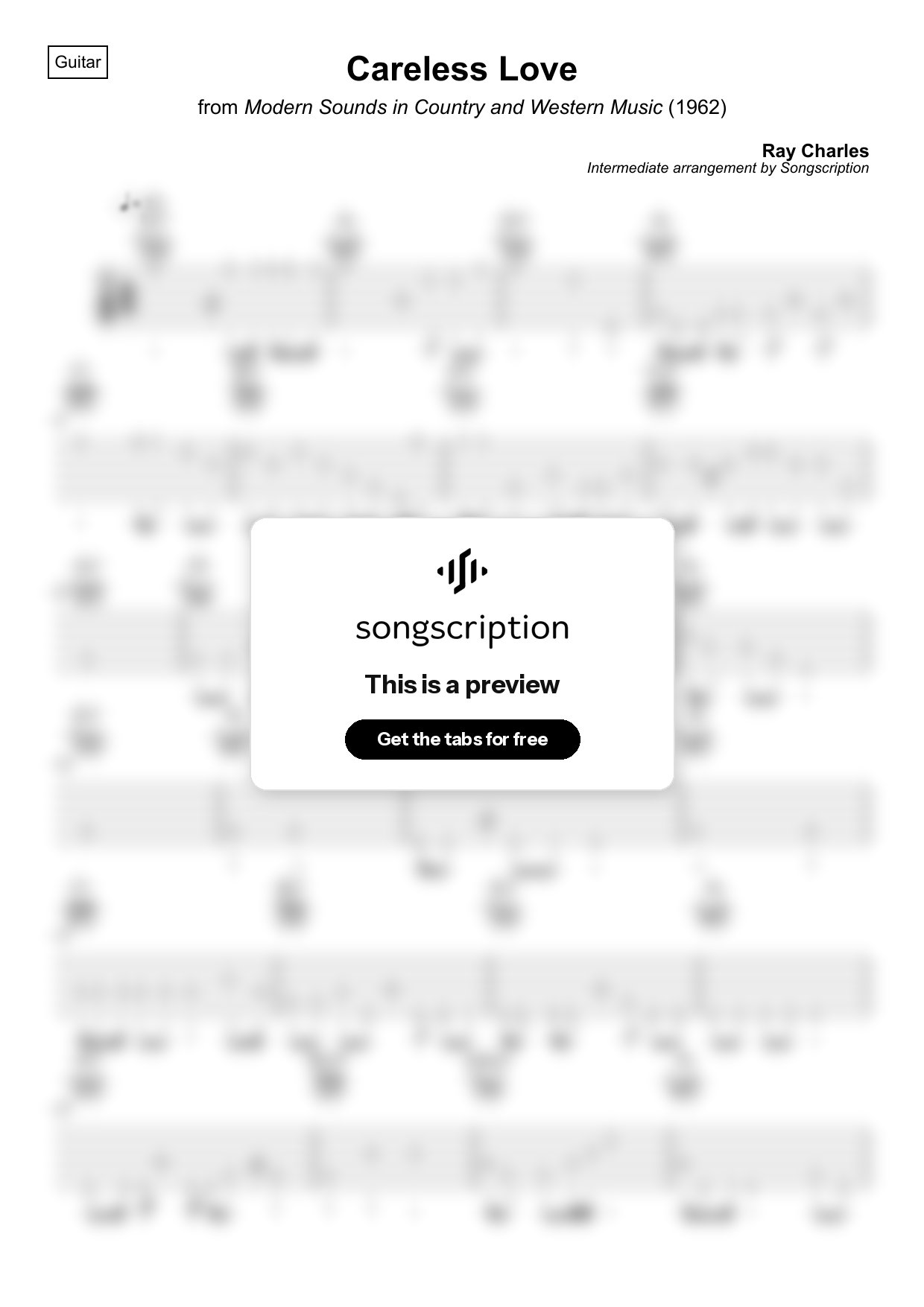 Intermediate Acoustic Guitar Tabs for "Careless Love" by Ray Charles
