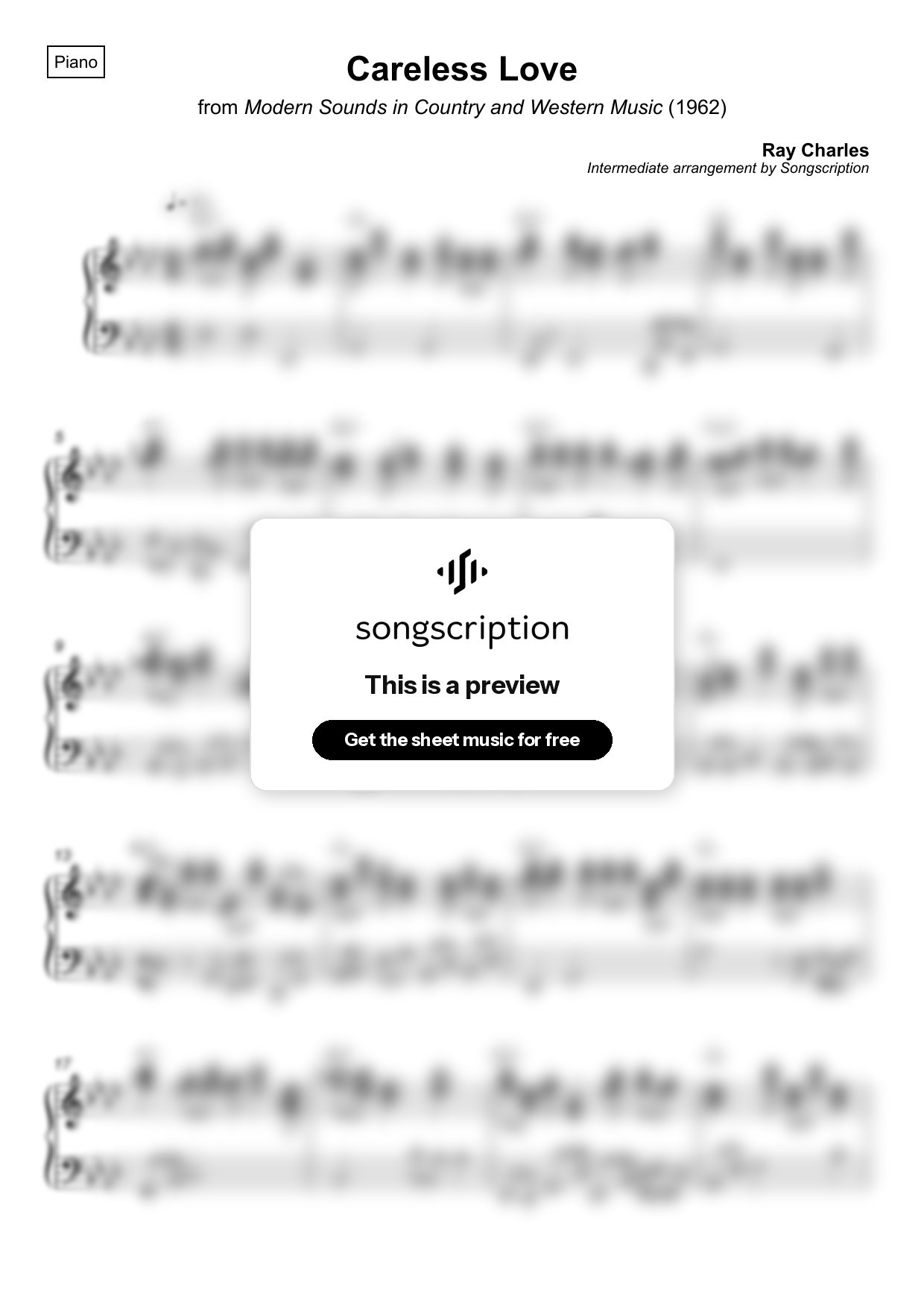 Intermediate Piano Sheet Music for "Careless Love" by Ray Charles