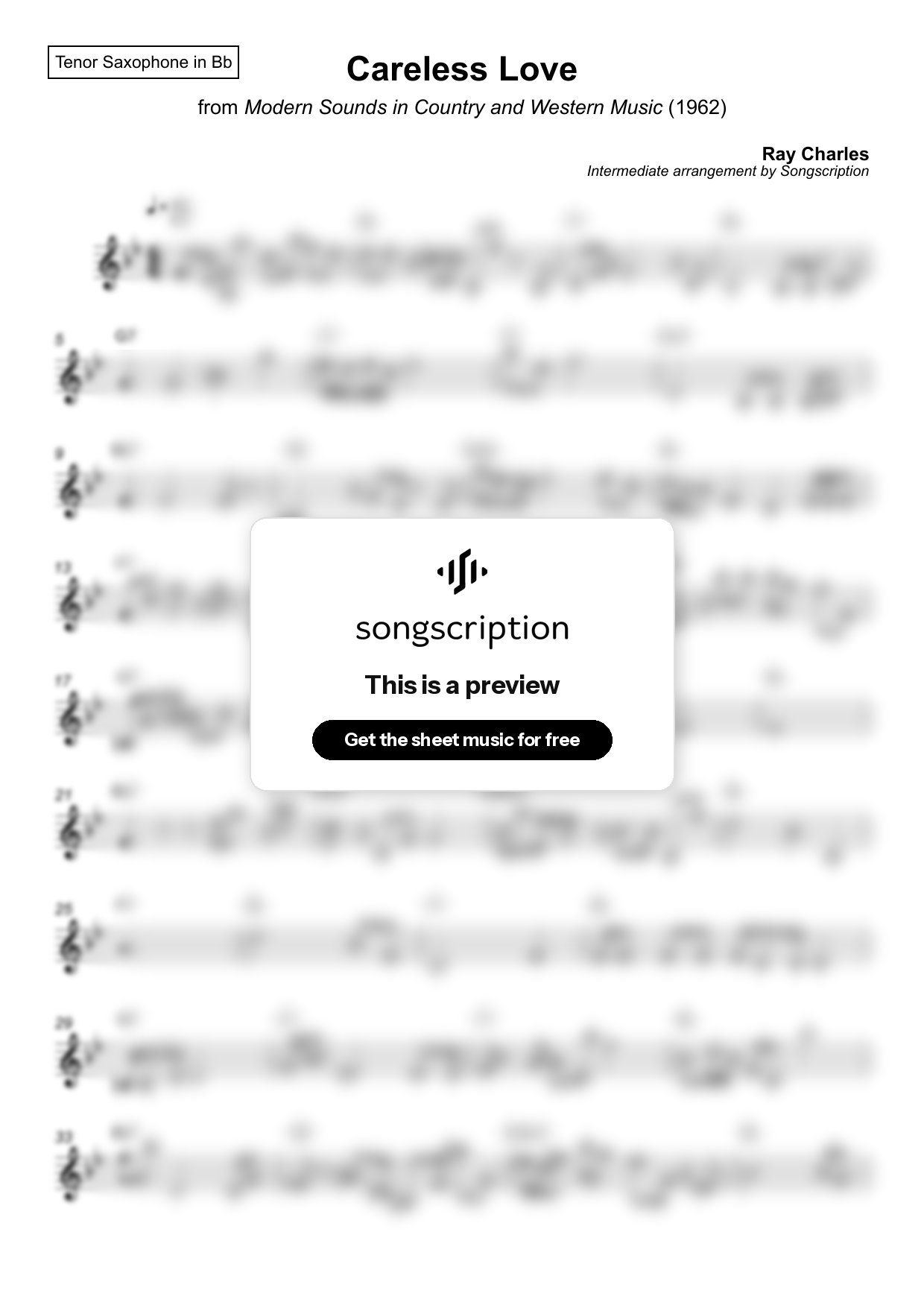 Intermediate Tenor Sax Sheet Music for "Careless Love" by Ray Charles