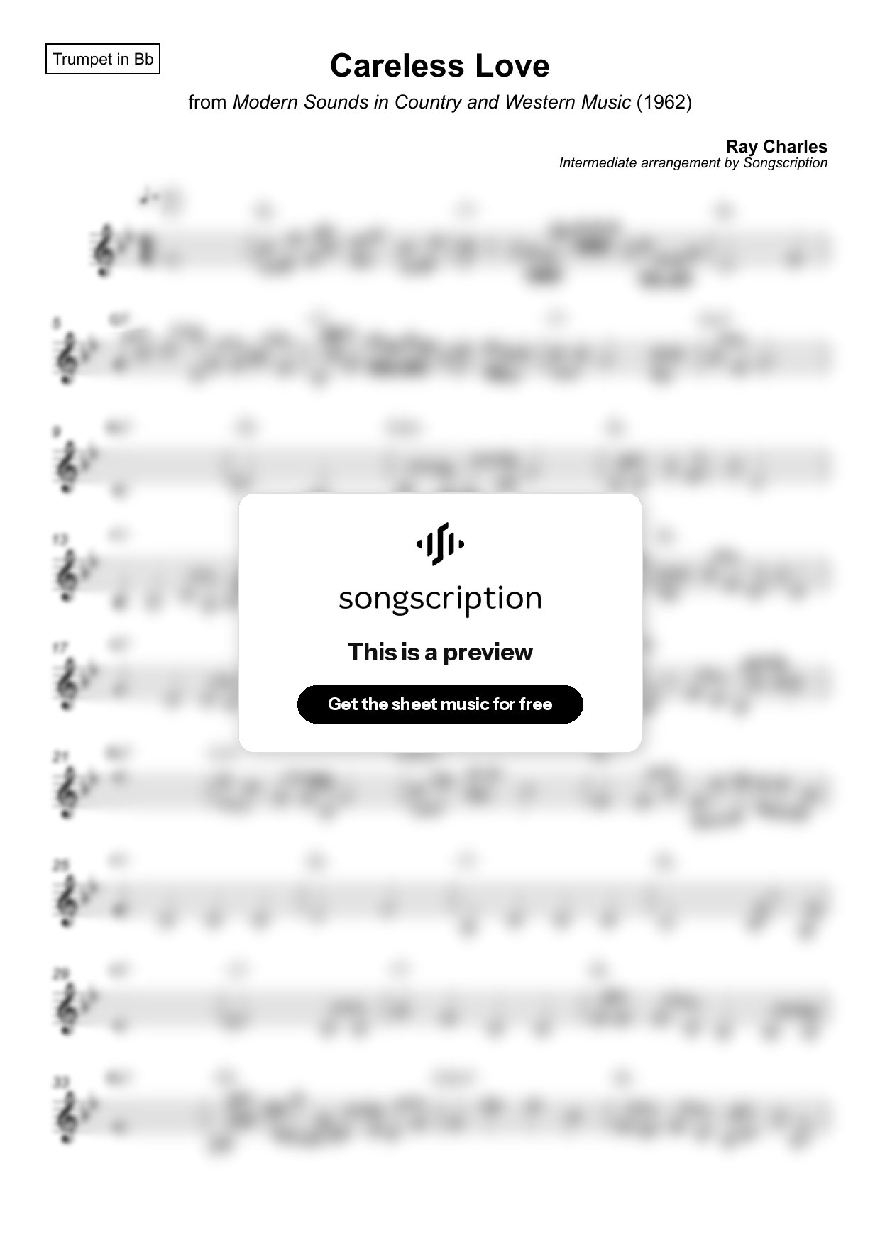 Intermediate Trumpet Sheet Music for "Careless Love" by Ray Charles