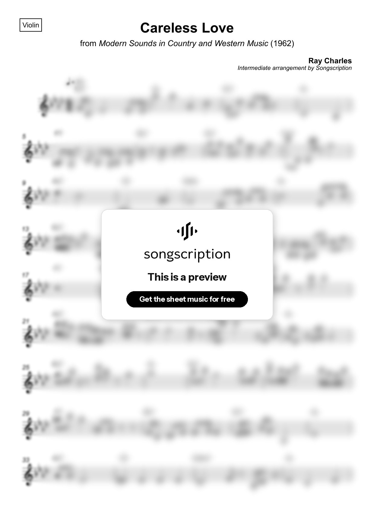Intermediate Violin Sheet Music for "Careless Love" by Ray Charles