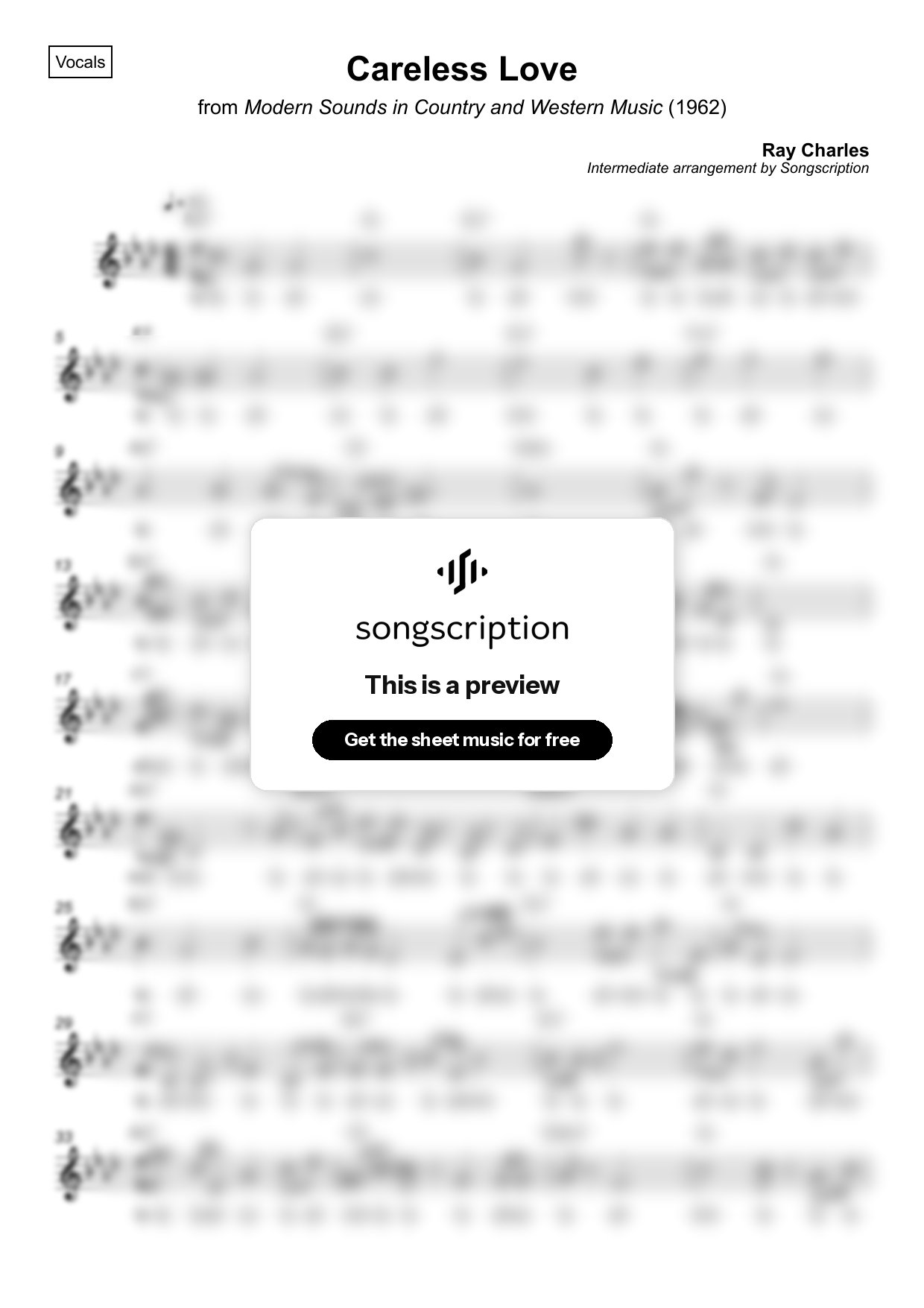 Intermediate Vocals Sheet Music for "Careless Love" by Ray Charles