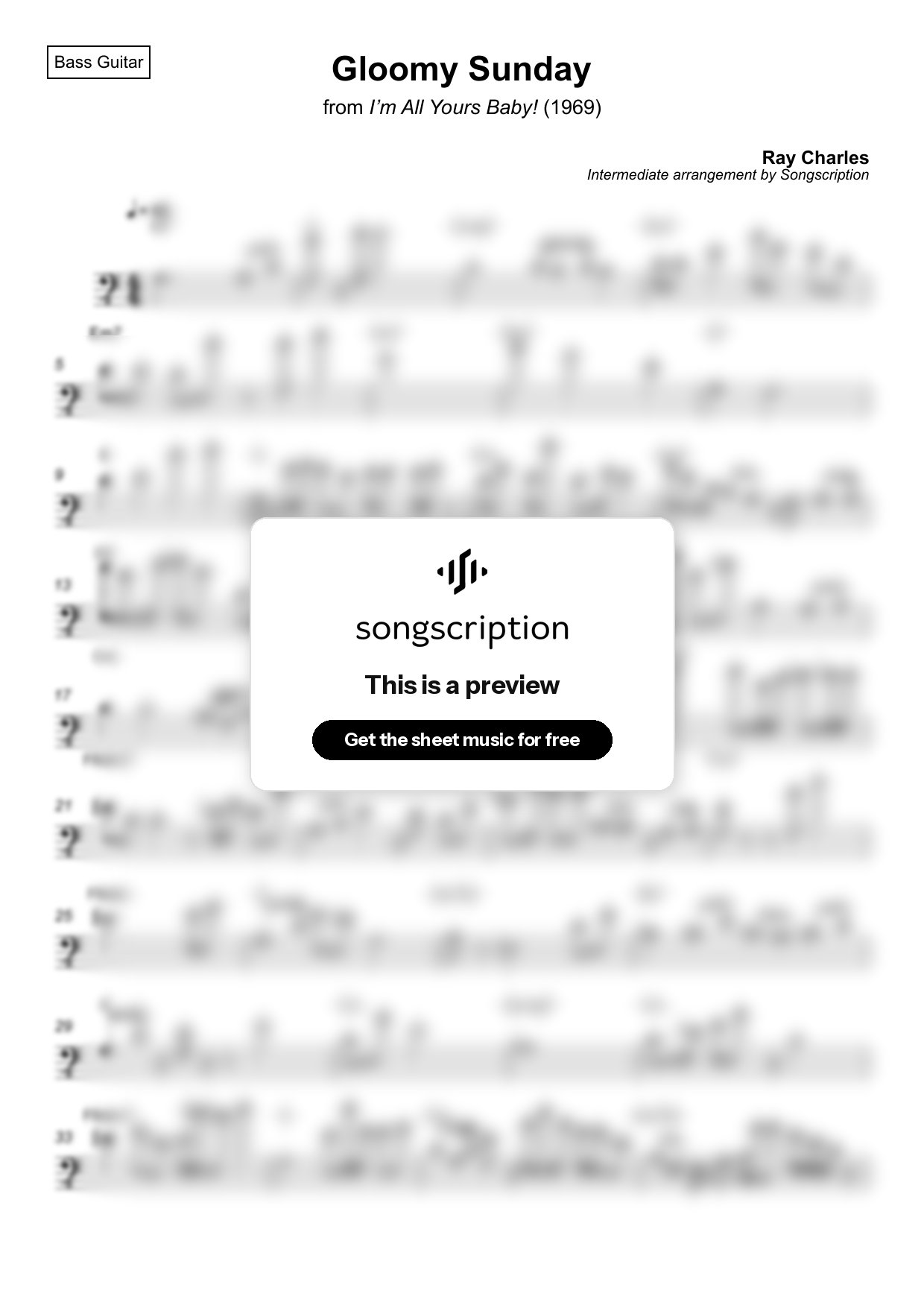 Intermediate Bass Guitar Sheet Music for "Gloomy Sunday" by Ray Charles