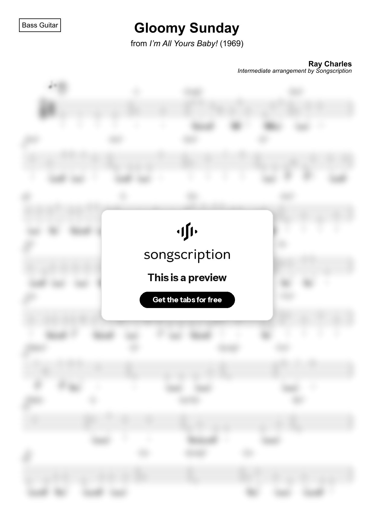 Intermediate Bass Guitar Tabs for "Gloomy Sunday" by Ray Charles