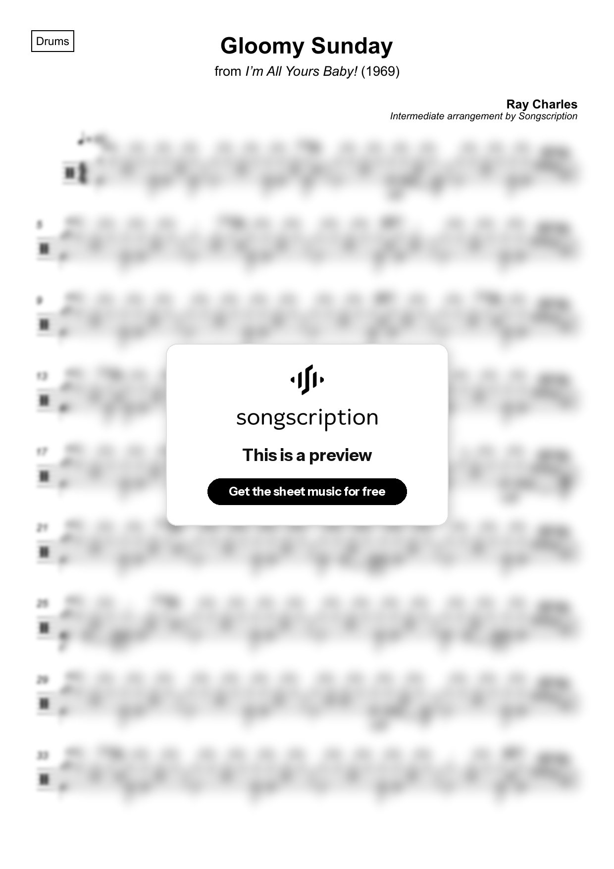 Intermediate Drums Sheet Music for "Gloomy Sunday" by Ray Charles