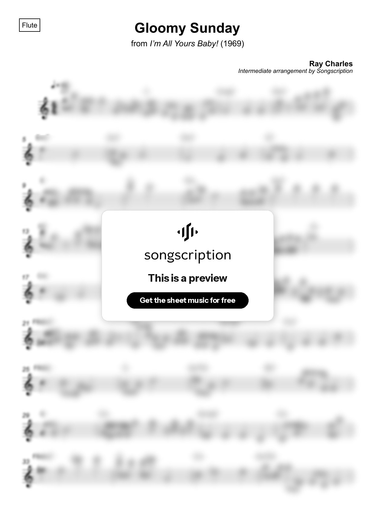 Intermediate Flute Sheet Music for "Gloomy Sunday" by Ray Charles
