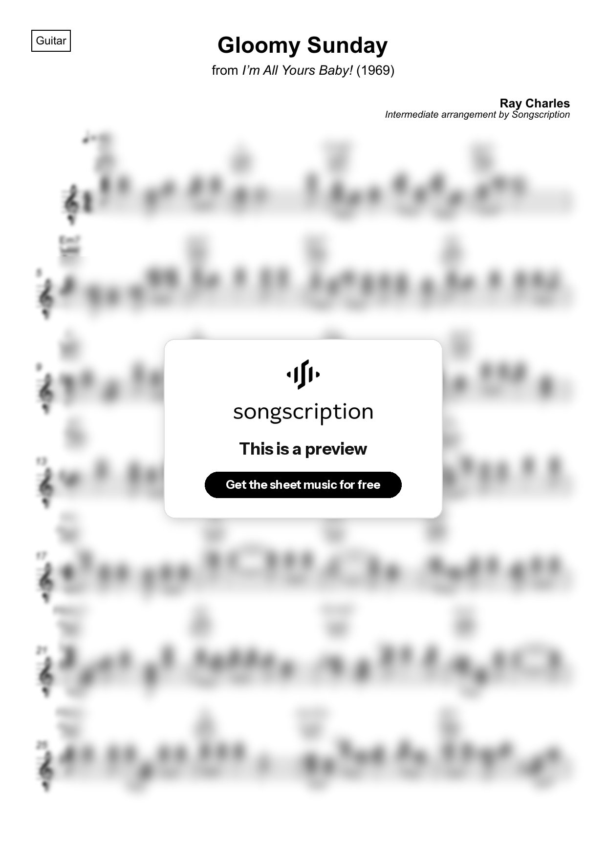 Intermediate Acoustic Guitar Sheet Music for "Gloomy Sunday" by Ray Charles