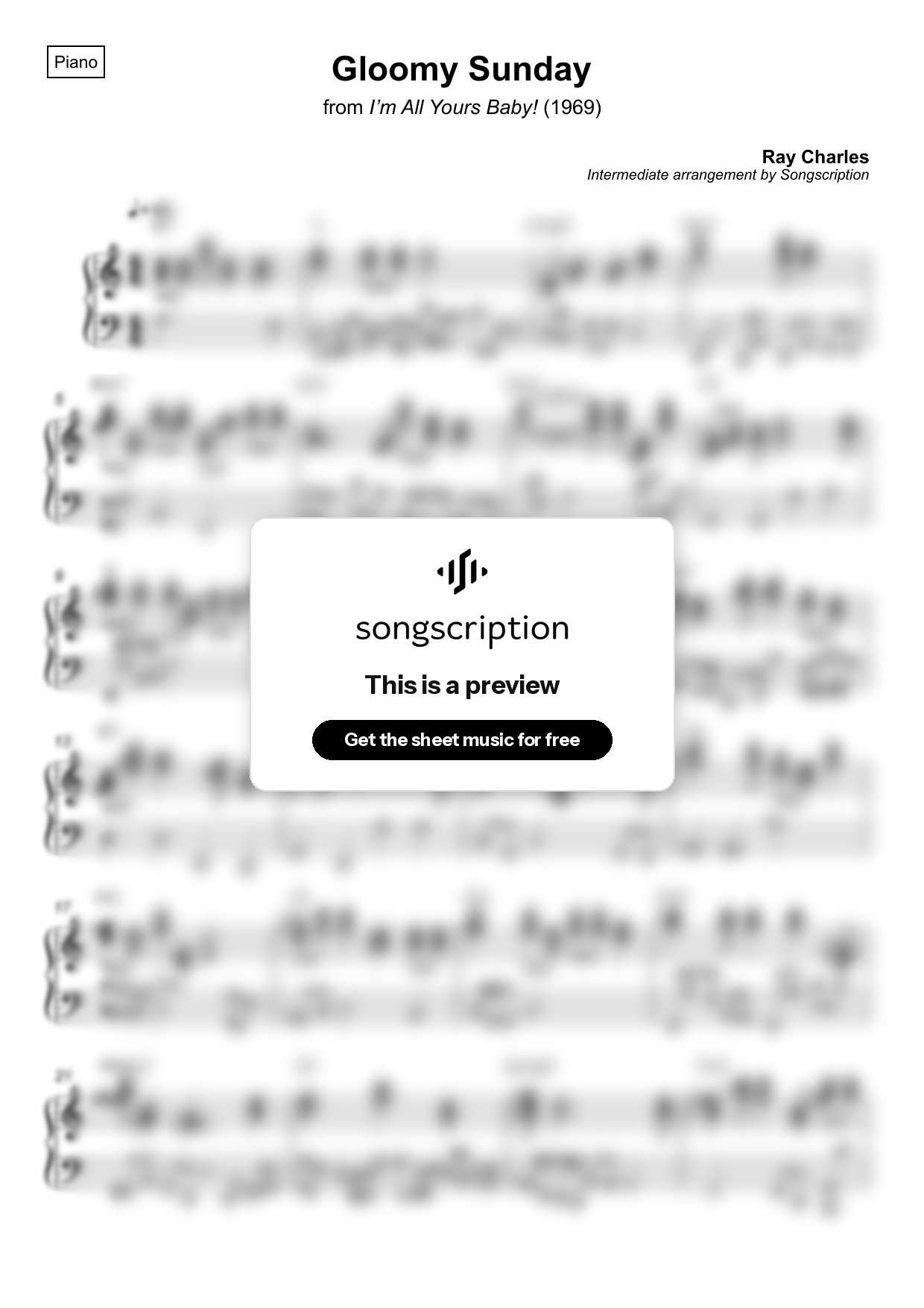 Intermediate Piano Sheet Music for "Gloomy Sunday" by Ray Charles