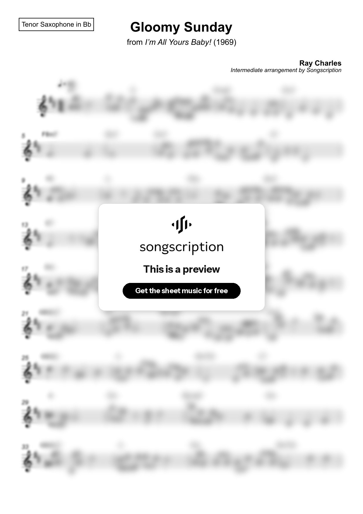 Intermediate Tenor Sax Sheet Music for "Gloomy Sunday" by Ray Charles