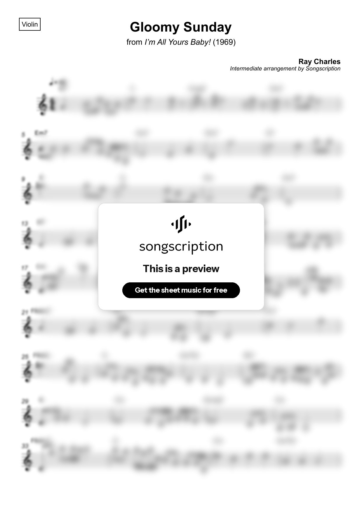 Intermediate Violin Sheet Music for "Gloomy Sunday" by Ray Charles