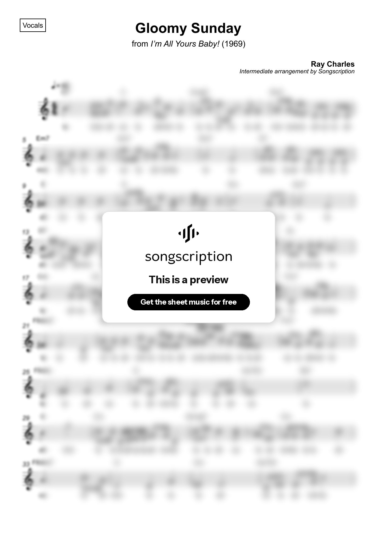 Intermediate Vocals Sheet Music for "Gloomy Sunday" by Ray Charles