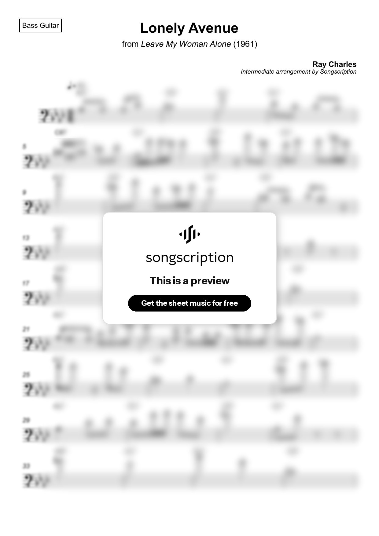 Intermediate Bass Guitar Sheet Music for "Lonely Avenue" by Ray Charles