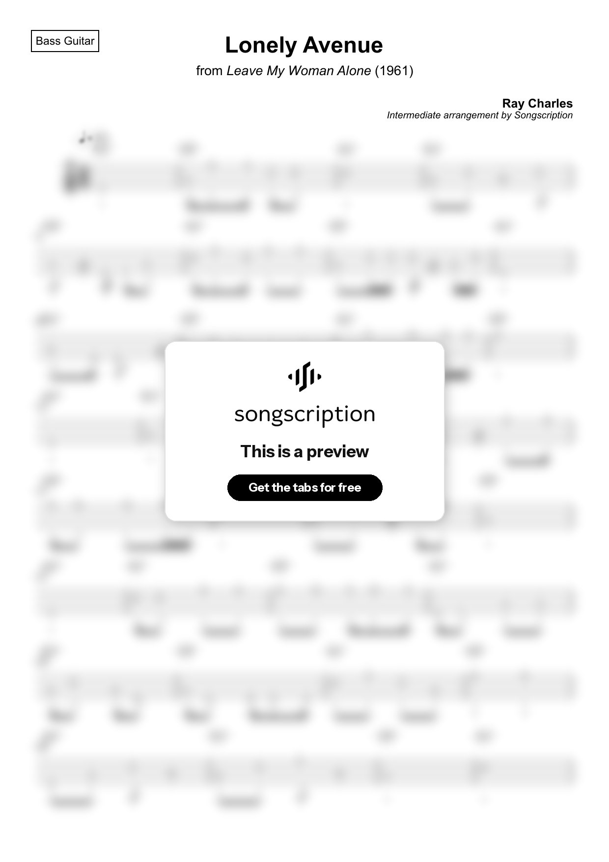 Intermediate Bass Guitar Tabs for "Lonely Avenue" by Ray Charles