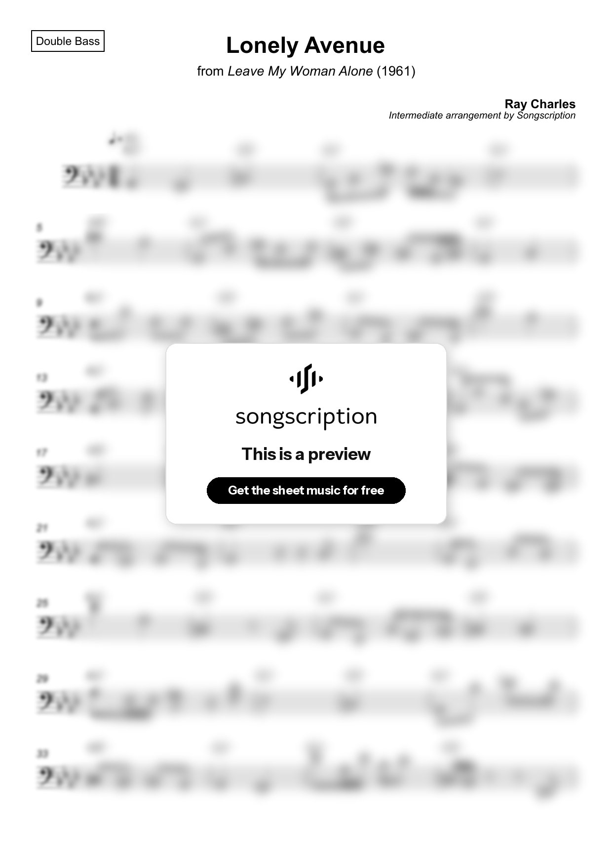 Intermediate Double Bass Sheet Music for "Lonely Avenue" by Ray Charles