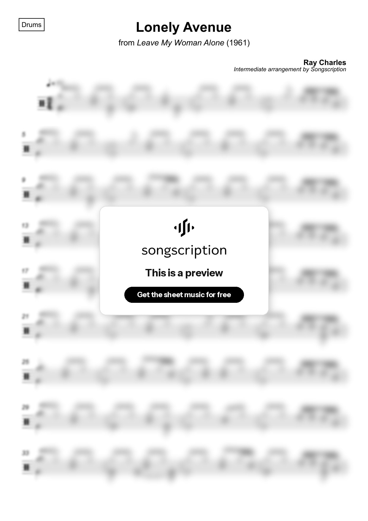 Intermediate Drums Sheet Music for "Lonely Avenue" by Ray Charles
