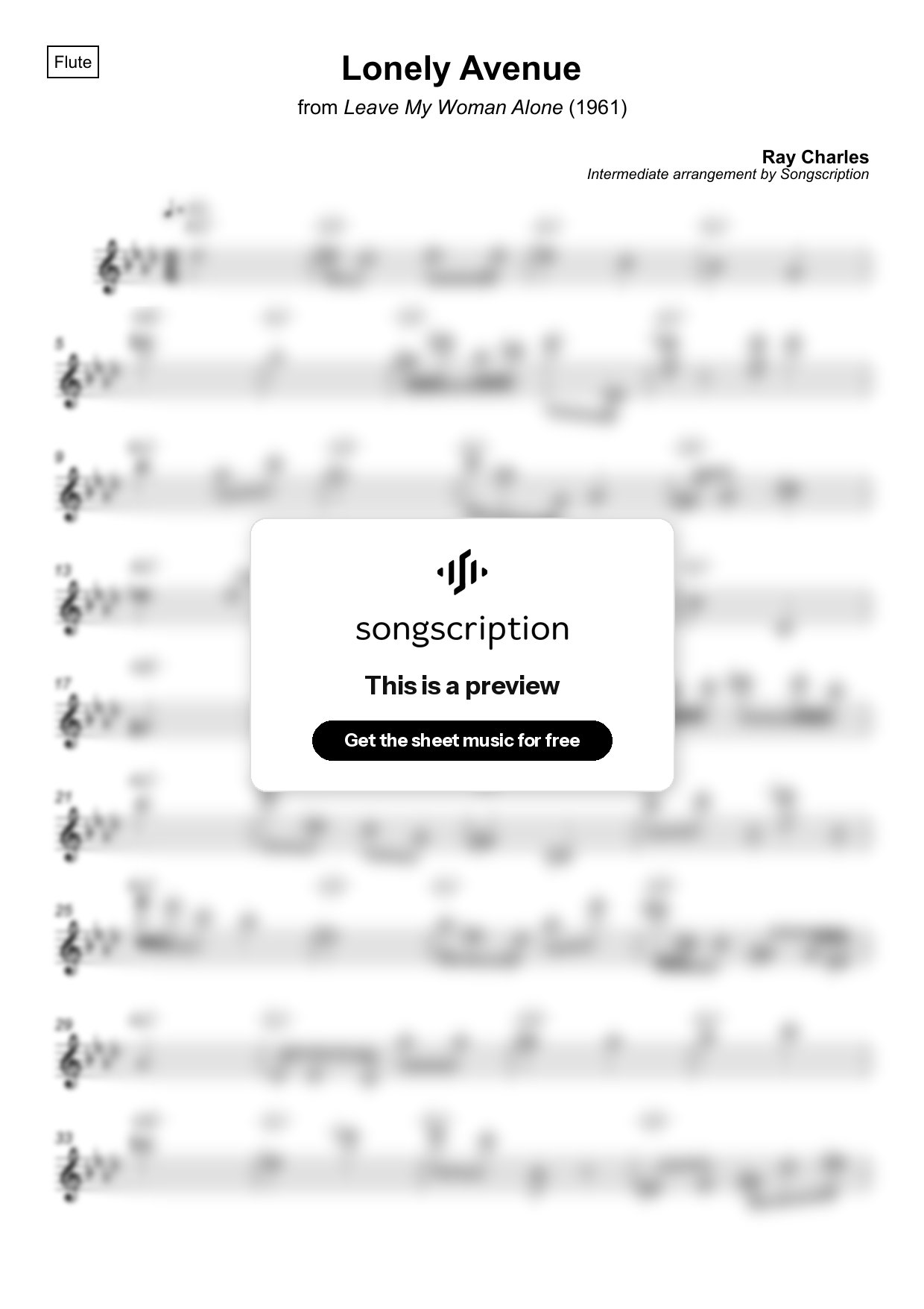 Intermediate Flute Sheet Music for "Lonely Avenue" by Ray Charles
