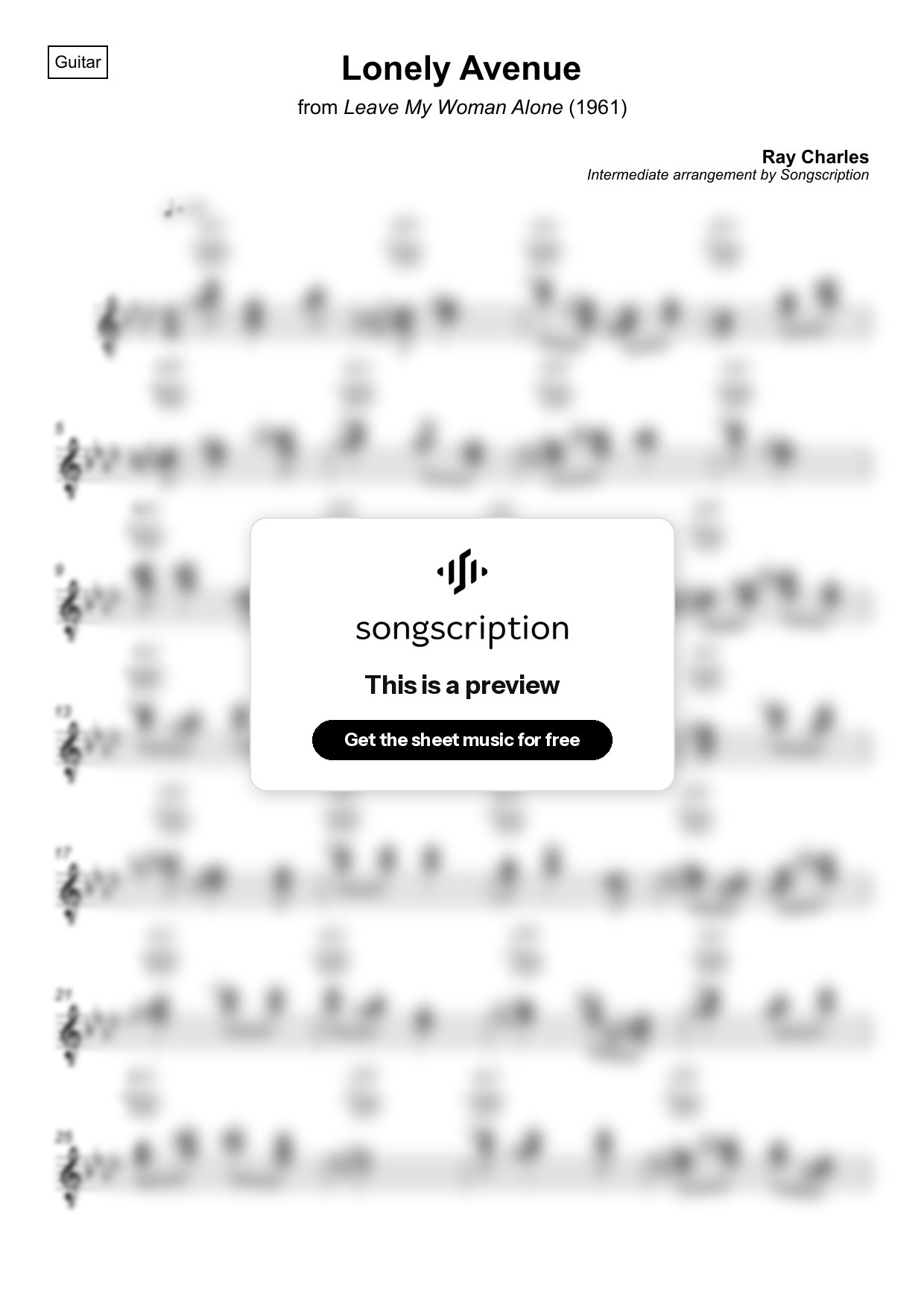 Intermediate Acoustic Guitar Sheet Music for "Lonely Avenue" by Ray Charles