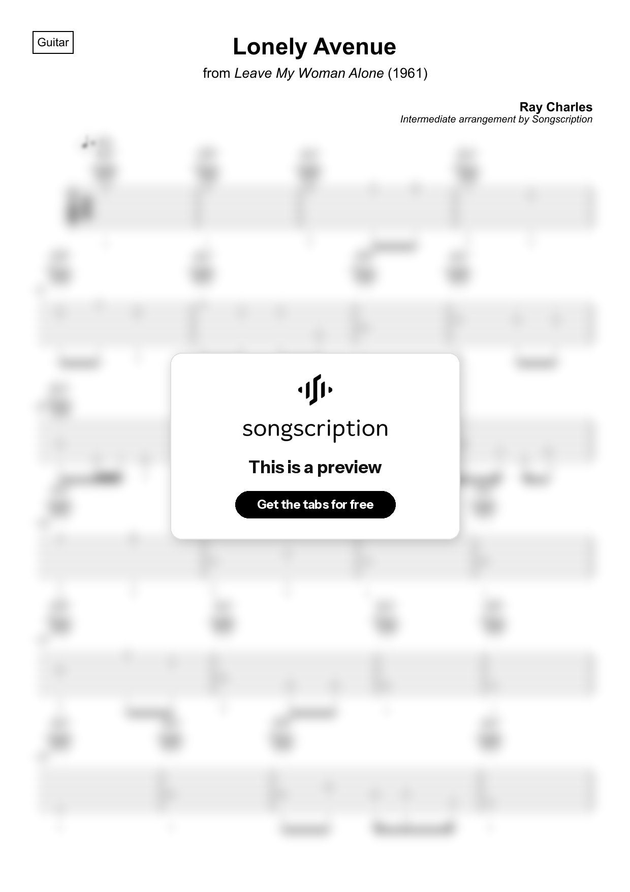 Intermediate Acoustic Guitar Tabs for "Lonely Avenue" by Ray Charles