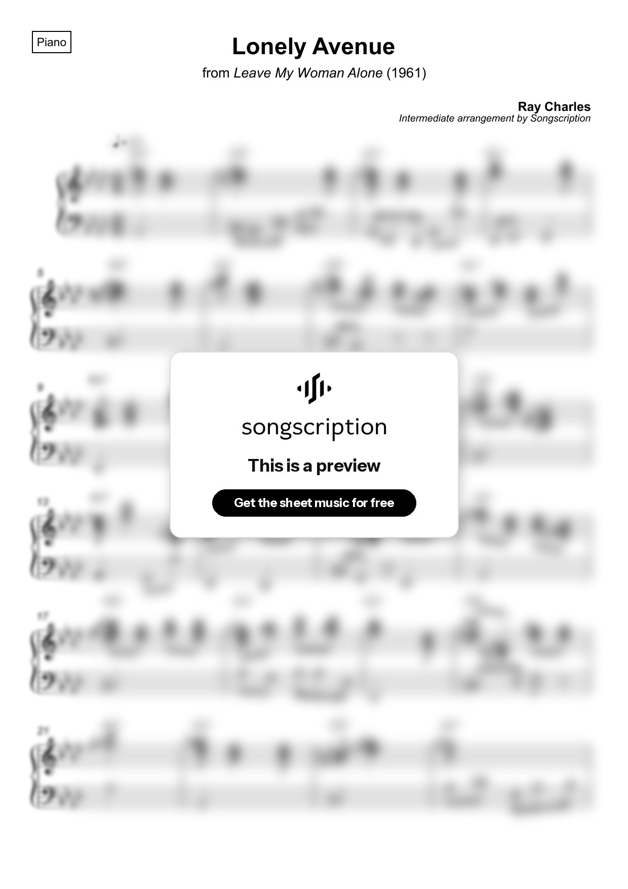 Intermediate Piano Sheet Music for "Lonely Avenue" by Ray Charles