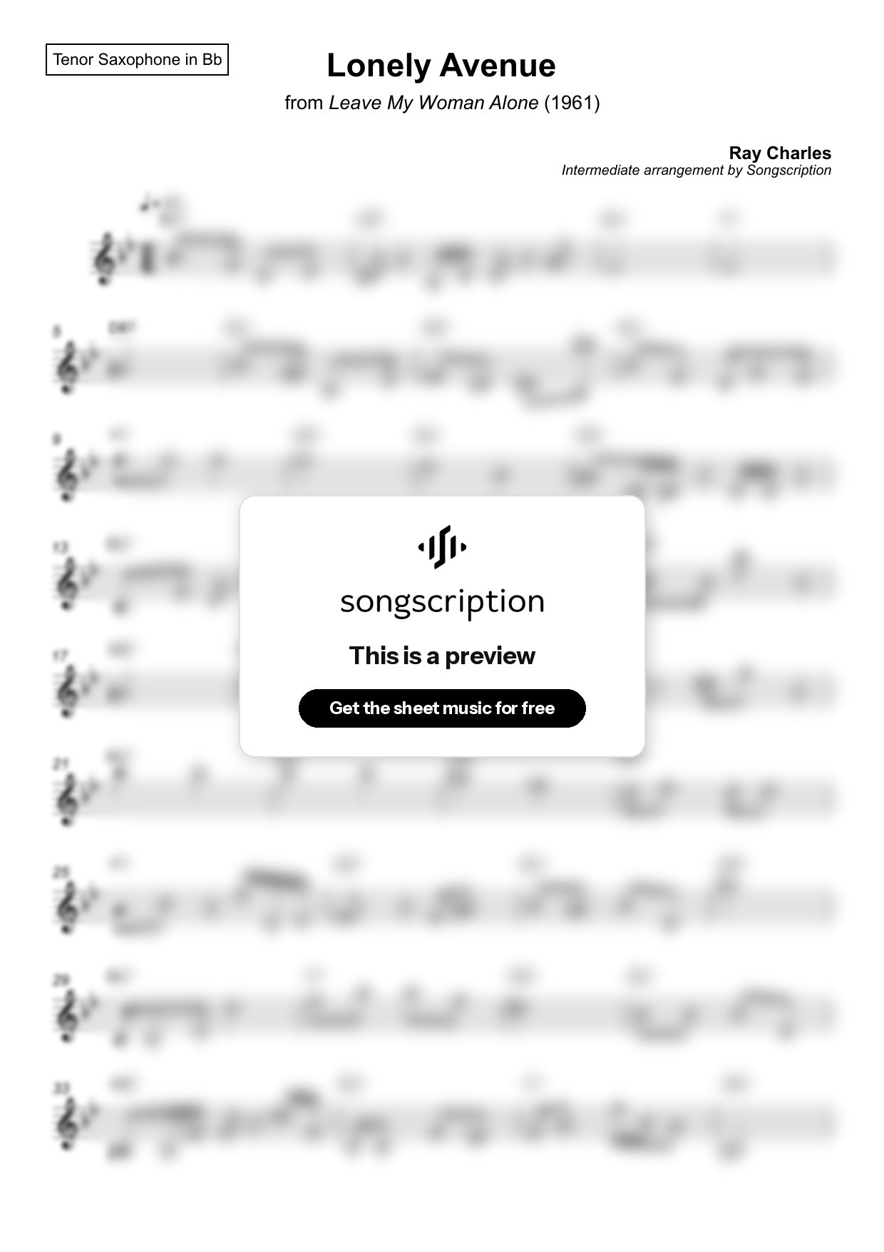 Intermediate Tenor Sax Sheet Music for "Lonely Avenue" by Ray Charles