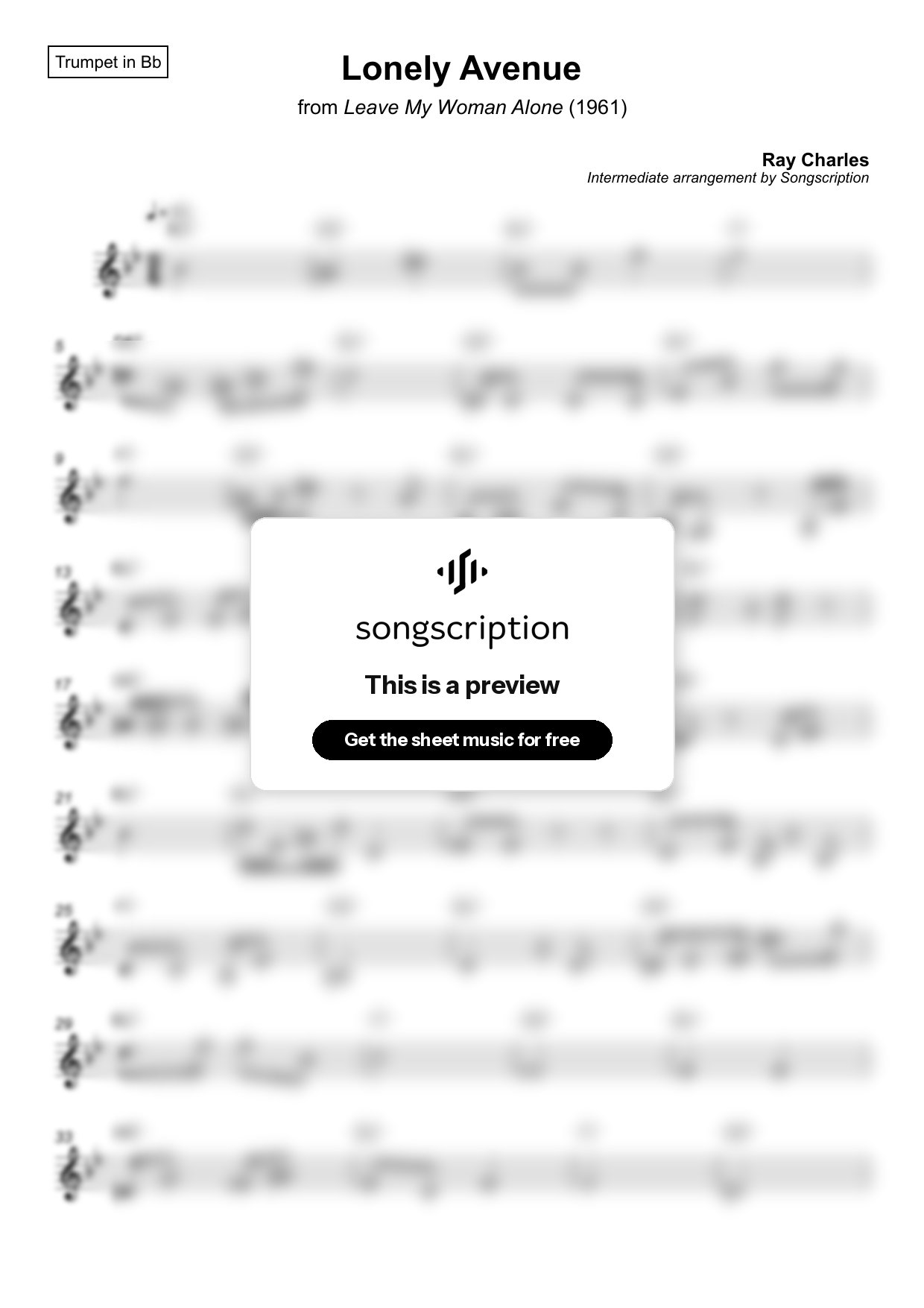 Intermediate Trumpet Sheet Music for "Lonely Avenue" by Ray Charles