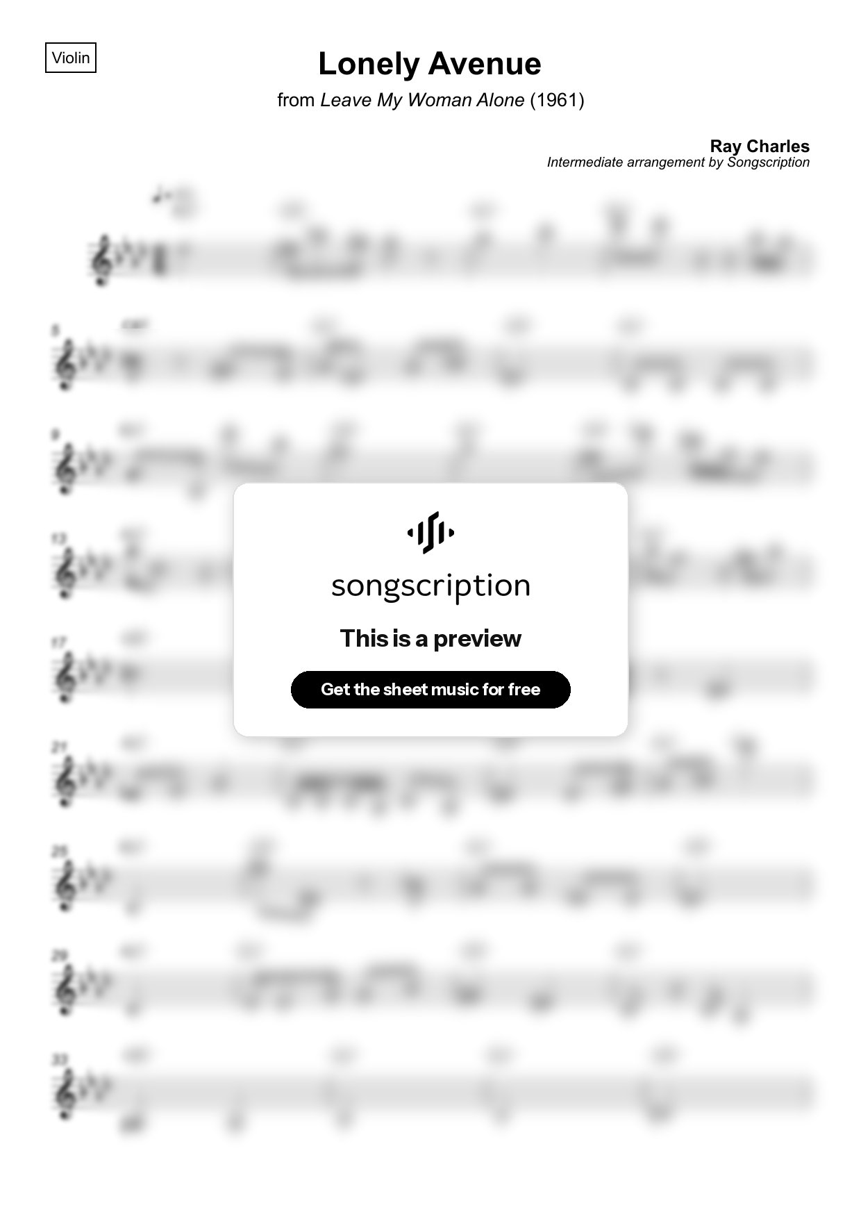 Intermediate Violin Sheet Music for "Lonely Avenue" by Ray Charles