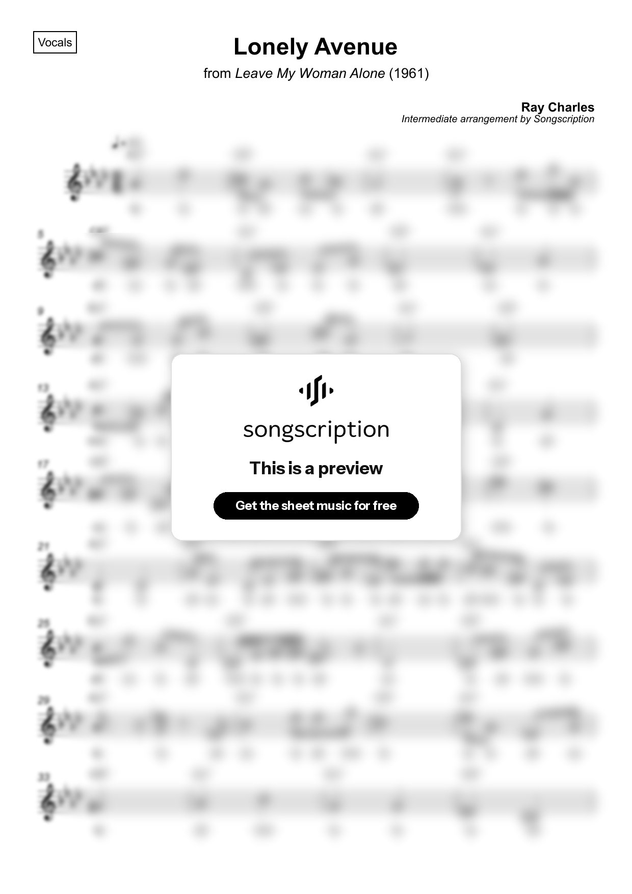 Intermediate Vocals Sheet Music for "Lonely Avenue" by Ray Charles