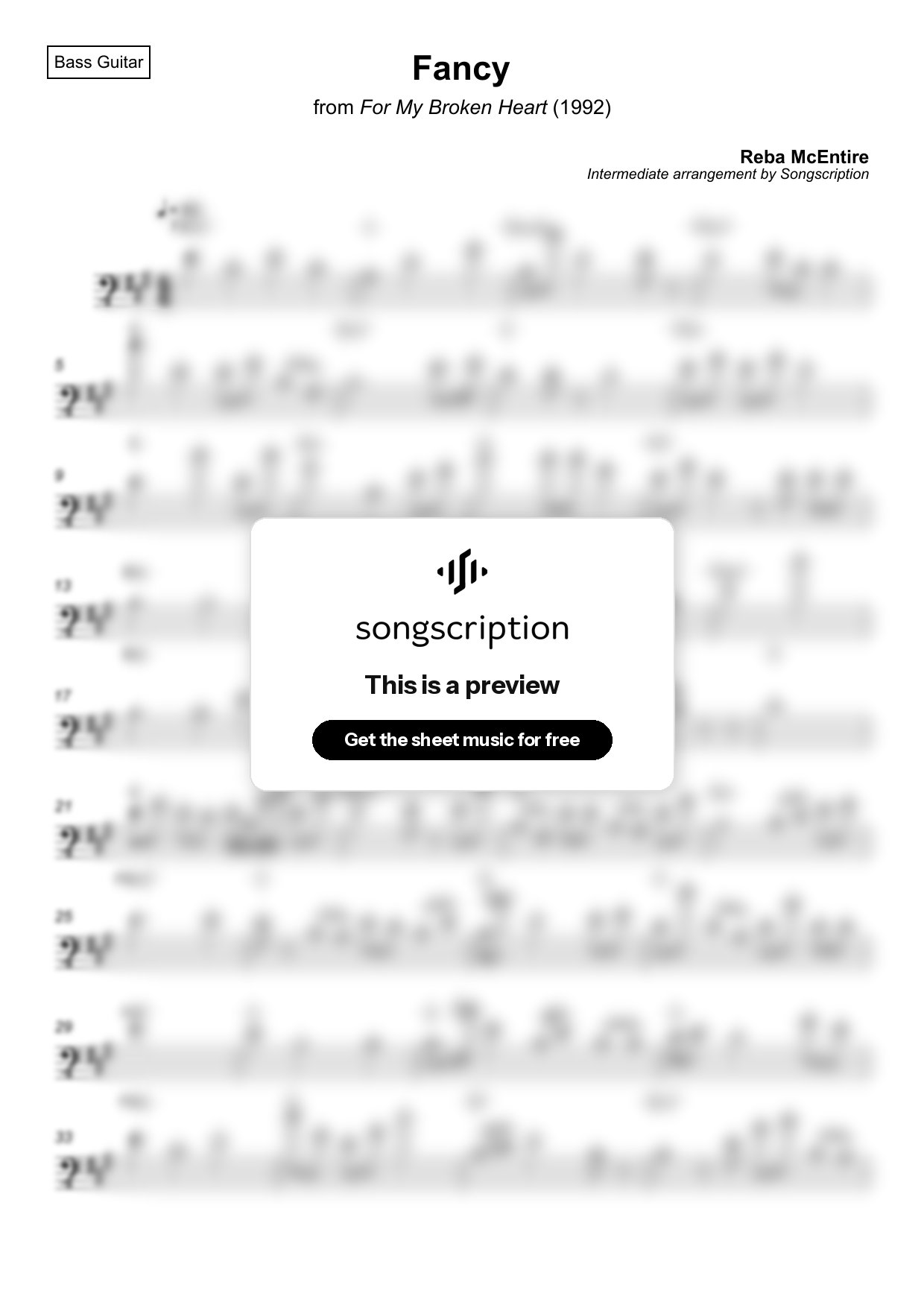 Intermediate Bass Guitar Sheet Music for "Fancy" by Reba McEntire