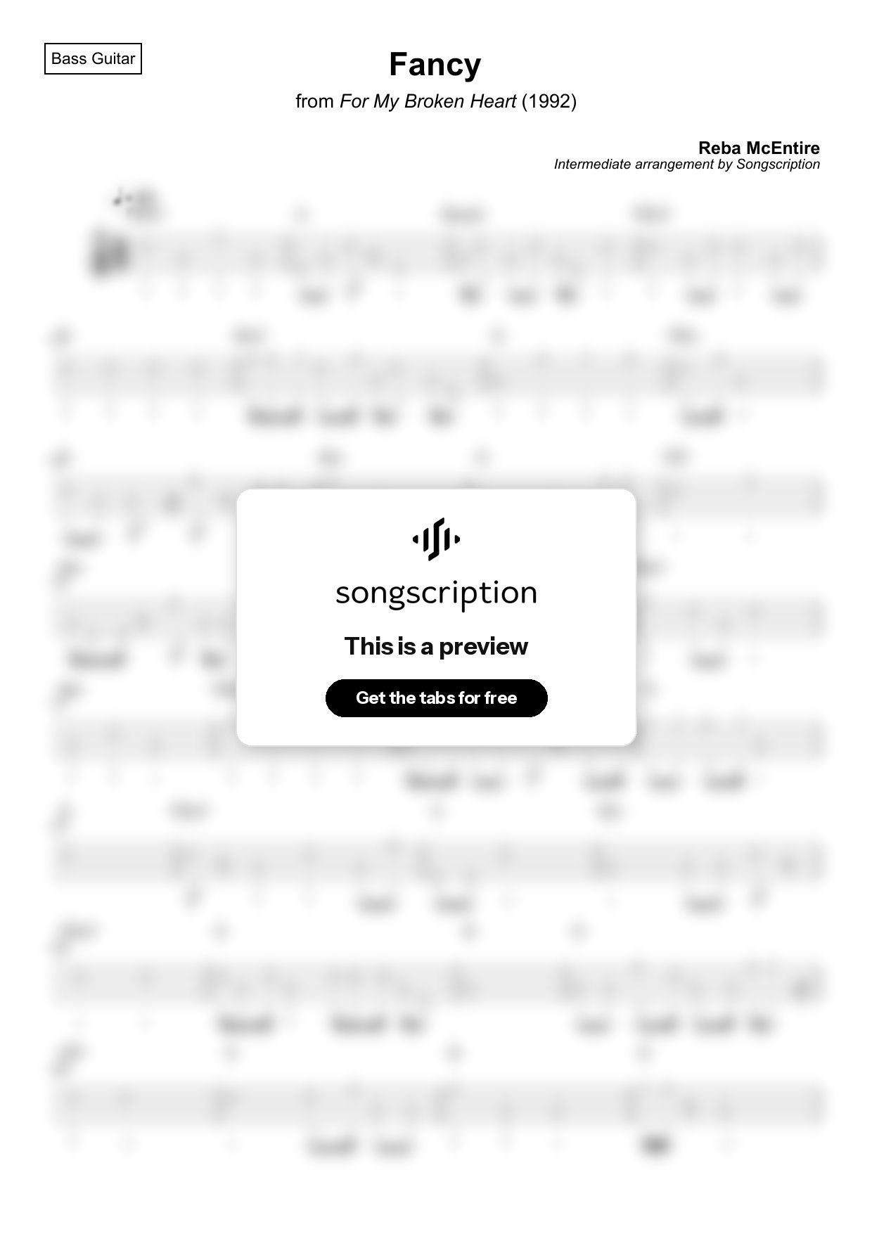 Intermediate Bass Guitar Tabs for "Fancy" by Reba McEntire