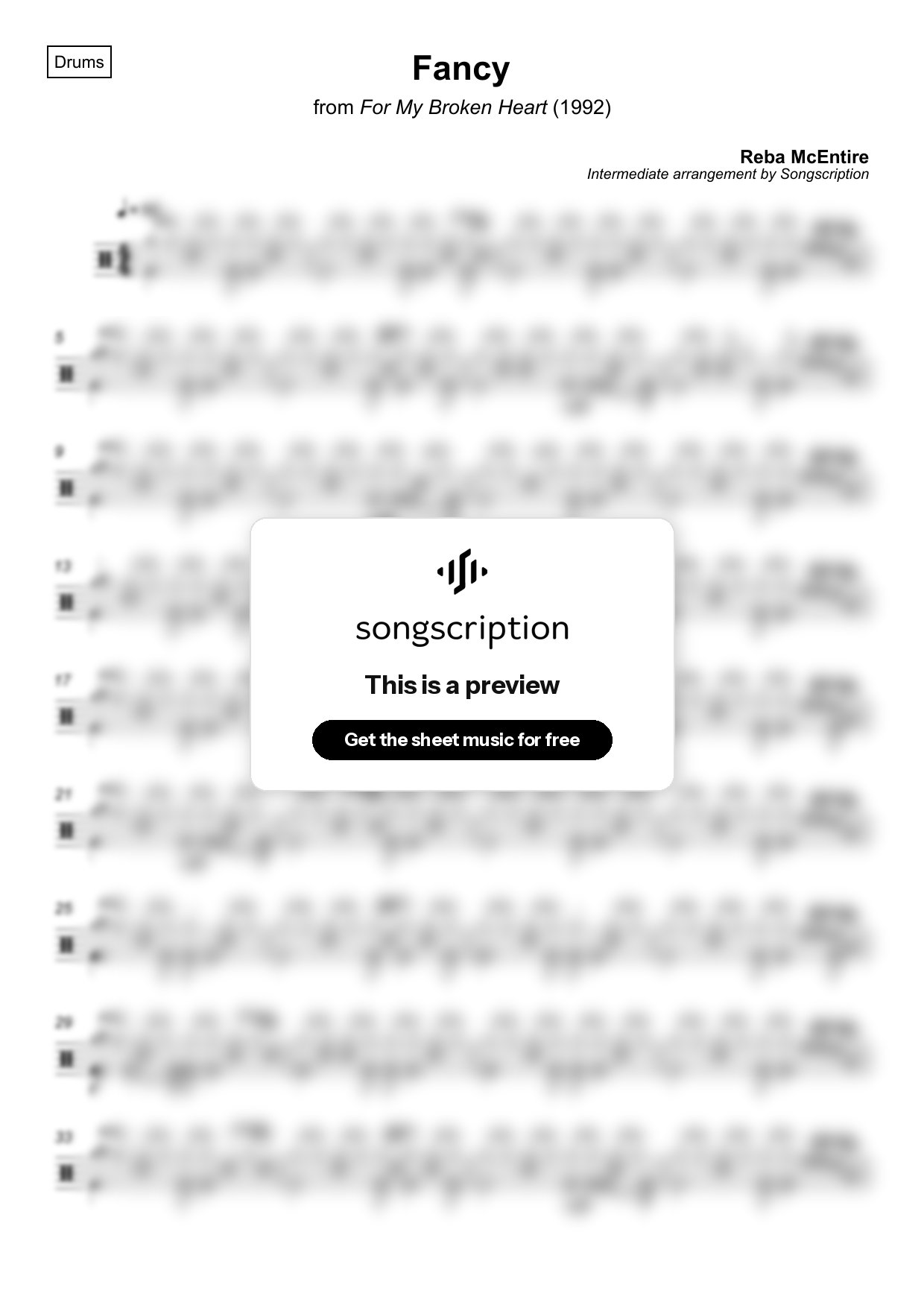 Intermediate Drums Sheet Music for "Fancy" by Reba McEntire