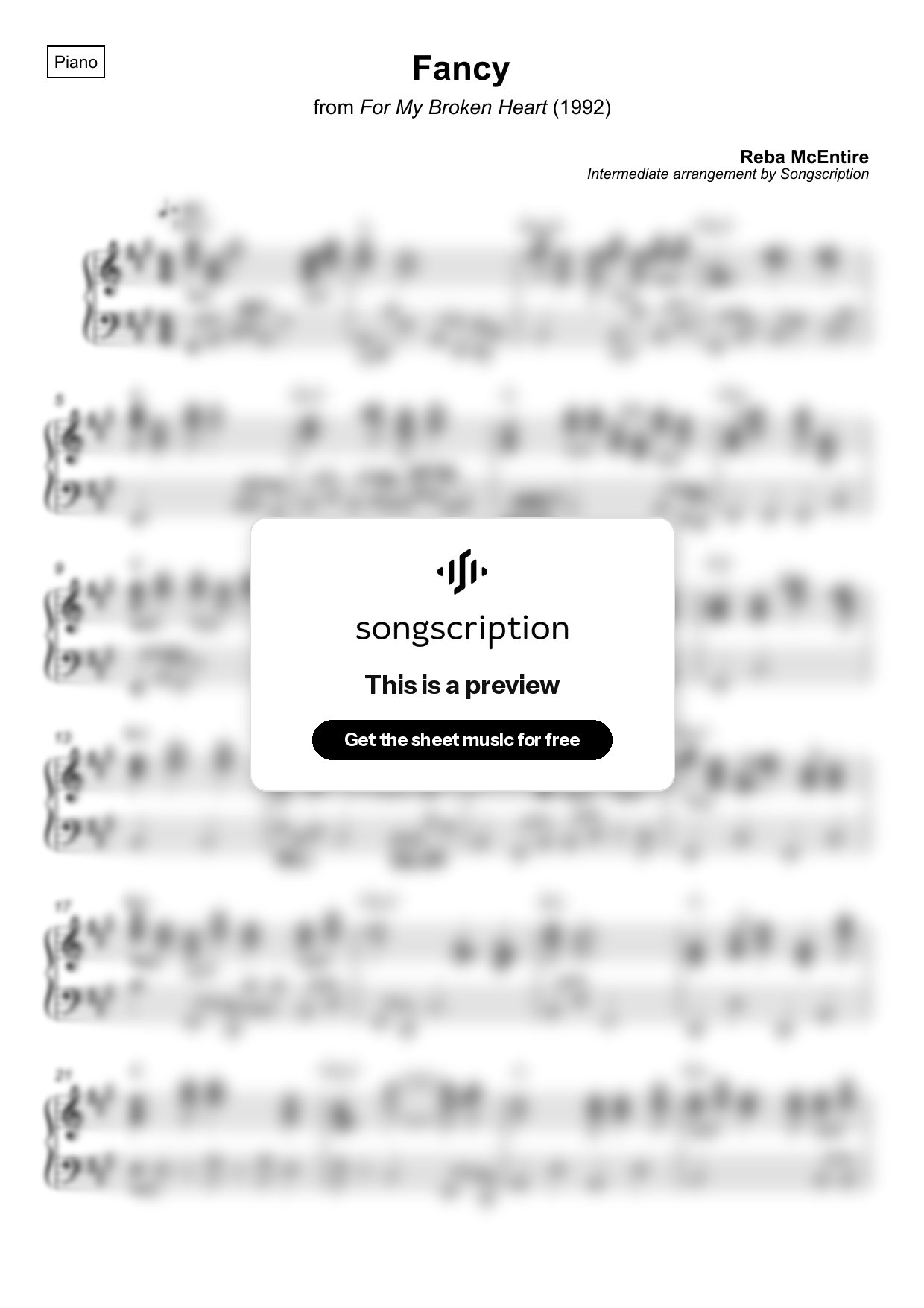 Intermediate Piano Sheet Music for "Fancy" by Reba McEntire