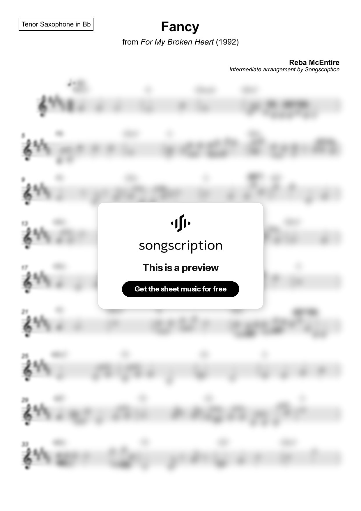 Intermediate Tenor Sax Sheet Music for "Fancy" by Reba McEntire