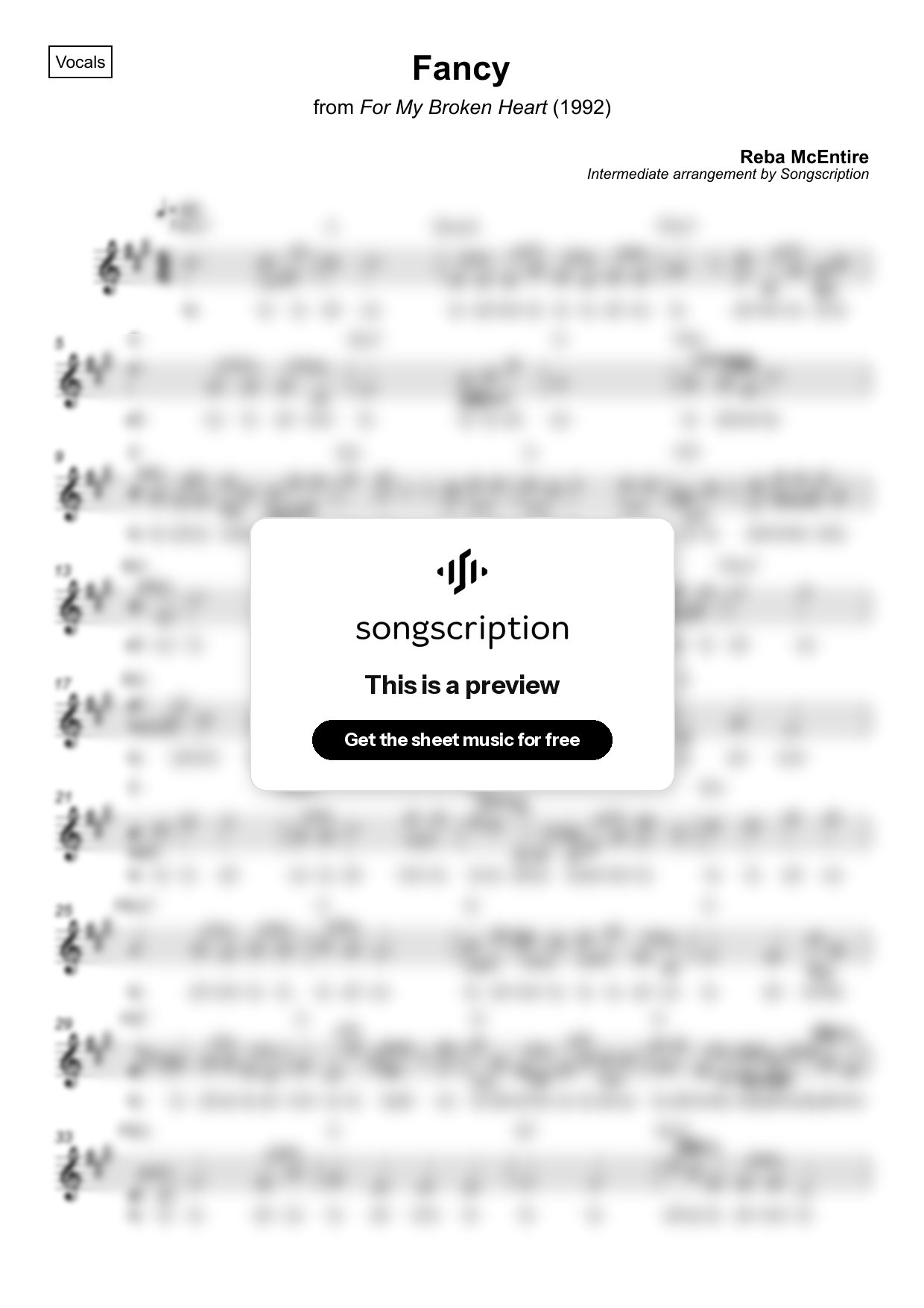 Intermediate Vocals Sheet Music for "Fancy" by Reba McEntire