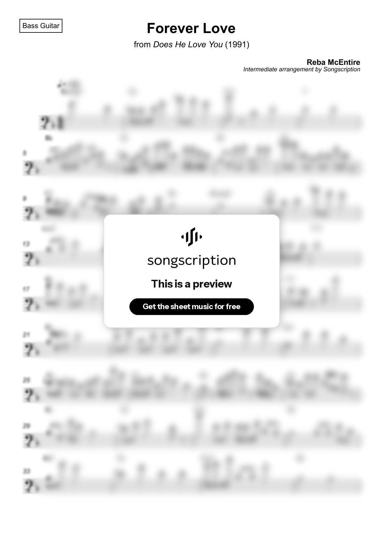 Intermediate Bass Guitar Sheet Music for "Forever Love" by Reba McEntire