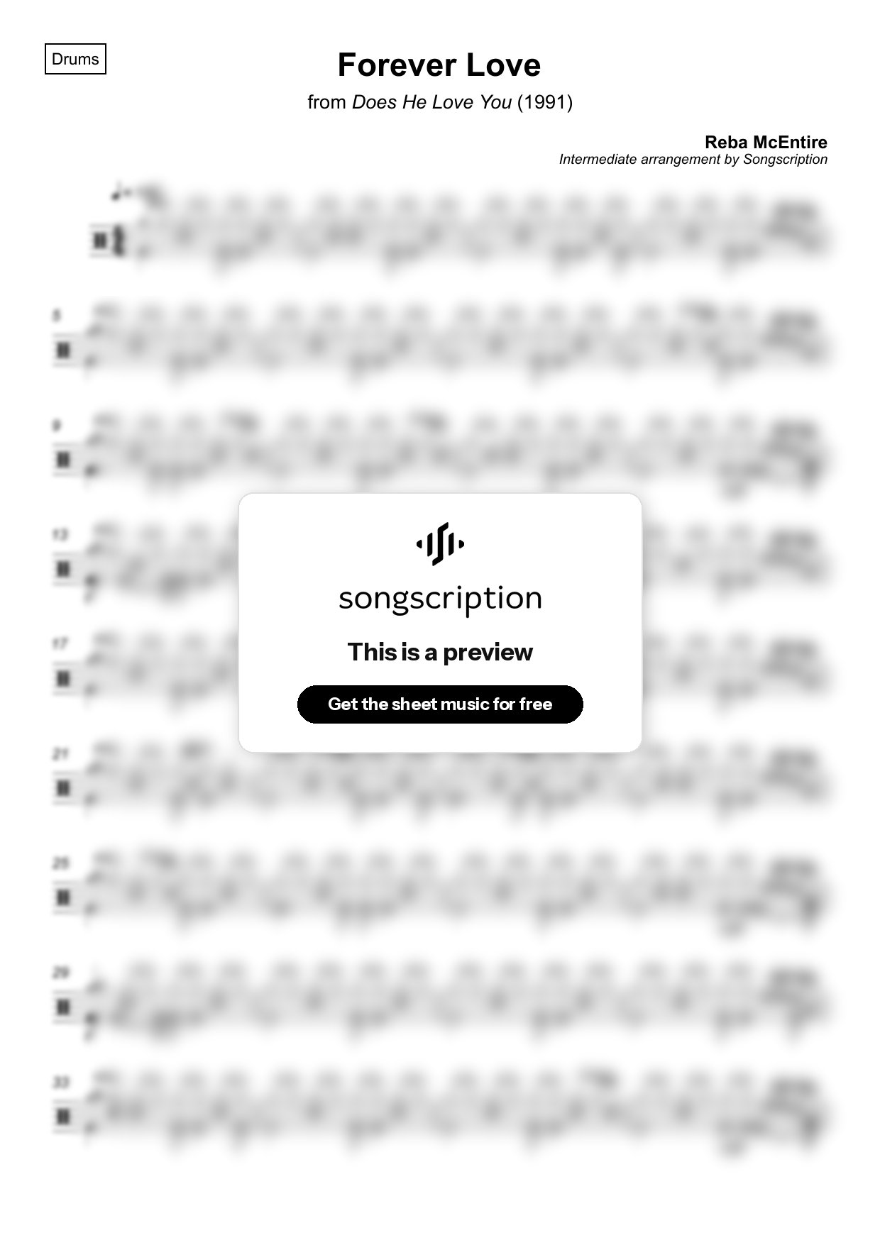 Intermediate Drums Sheet Music for "Forever Love" by Reba McEntire