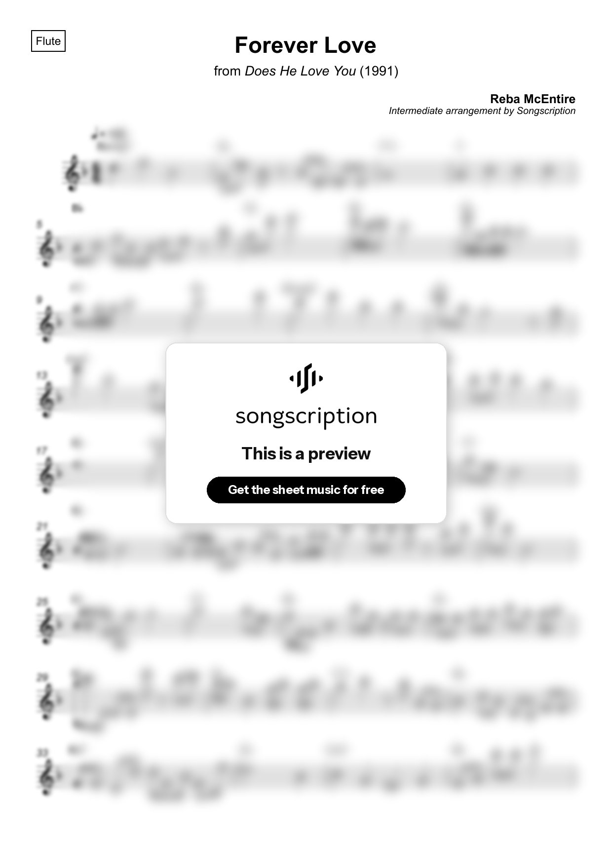 Intermediate Flute Sheet Music for "Forever Love" by Reba McEntire
