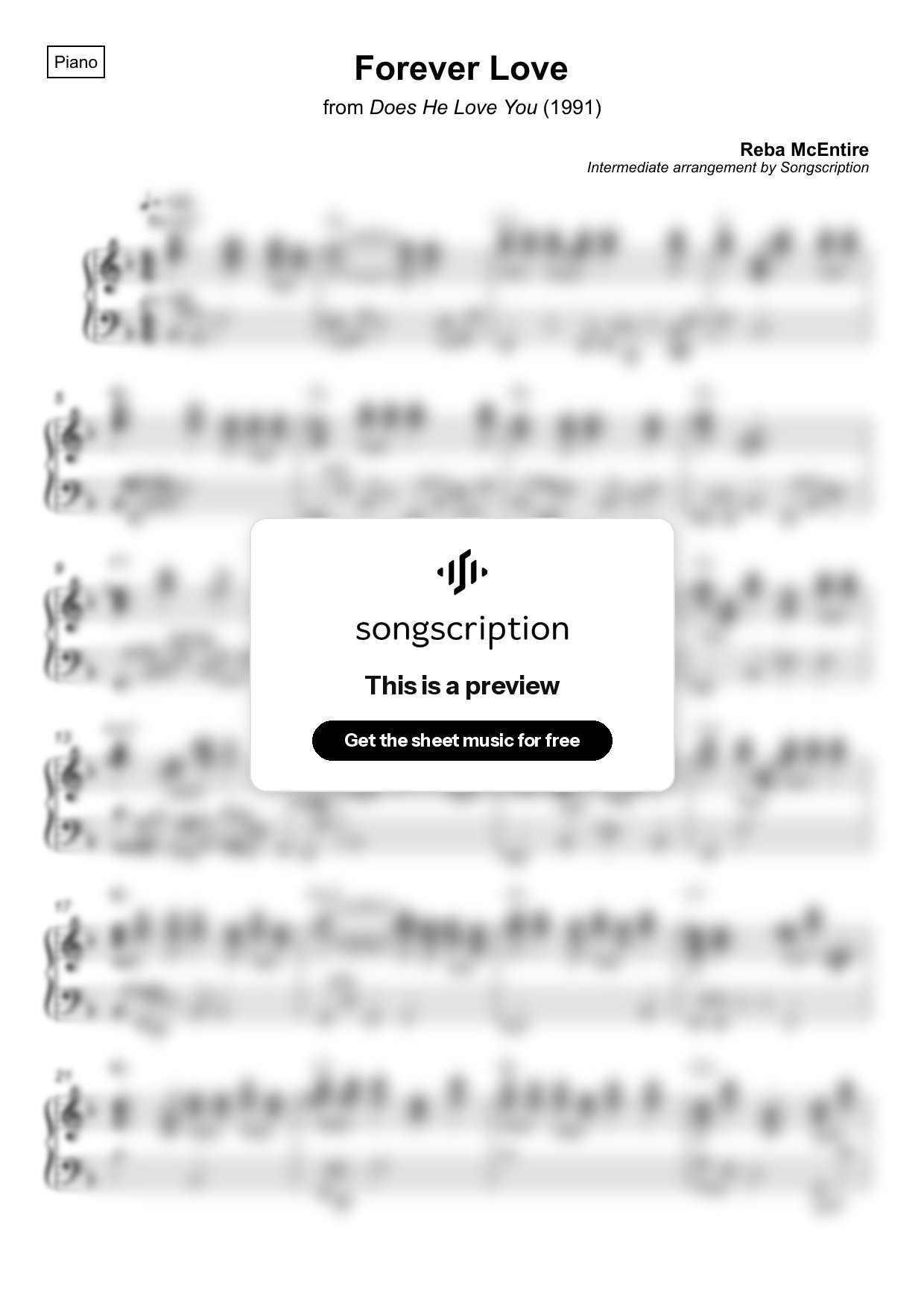 Intermediate Piano Sheet Music for "Forever Love" by Reba McEntire