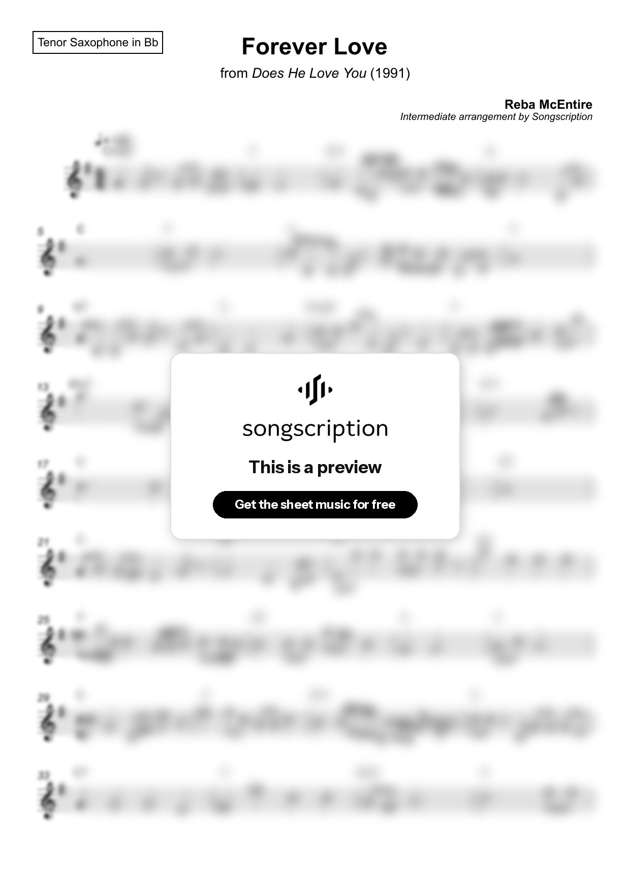 Intermediate Tenor Sax Sheet Music for "Forever Love" by Reba McEntire