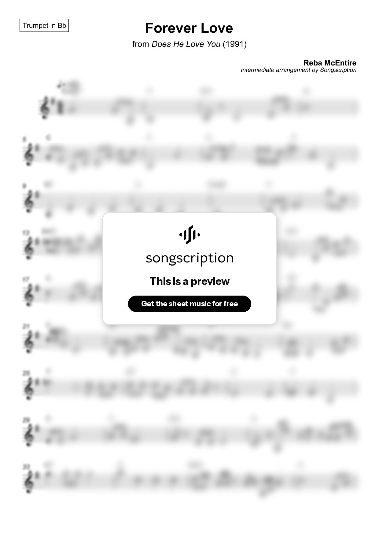 Intermediate Trumpet Sheet Music for "Forever Love" by Reba McEntire