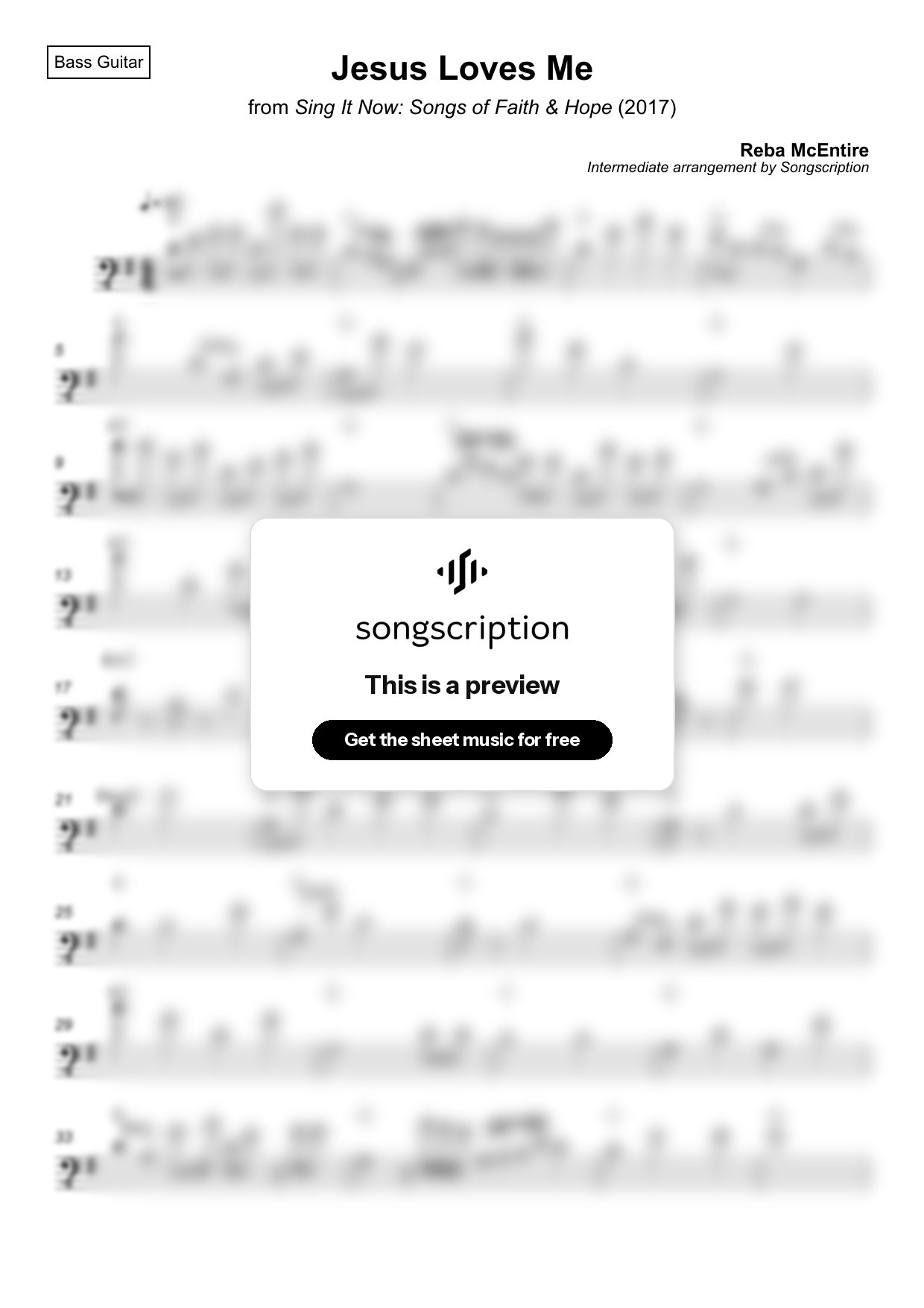 Intermediate Bass Guitar Sheet Music for "Jesus Loves Me" by Reba McEntire