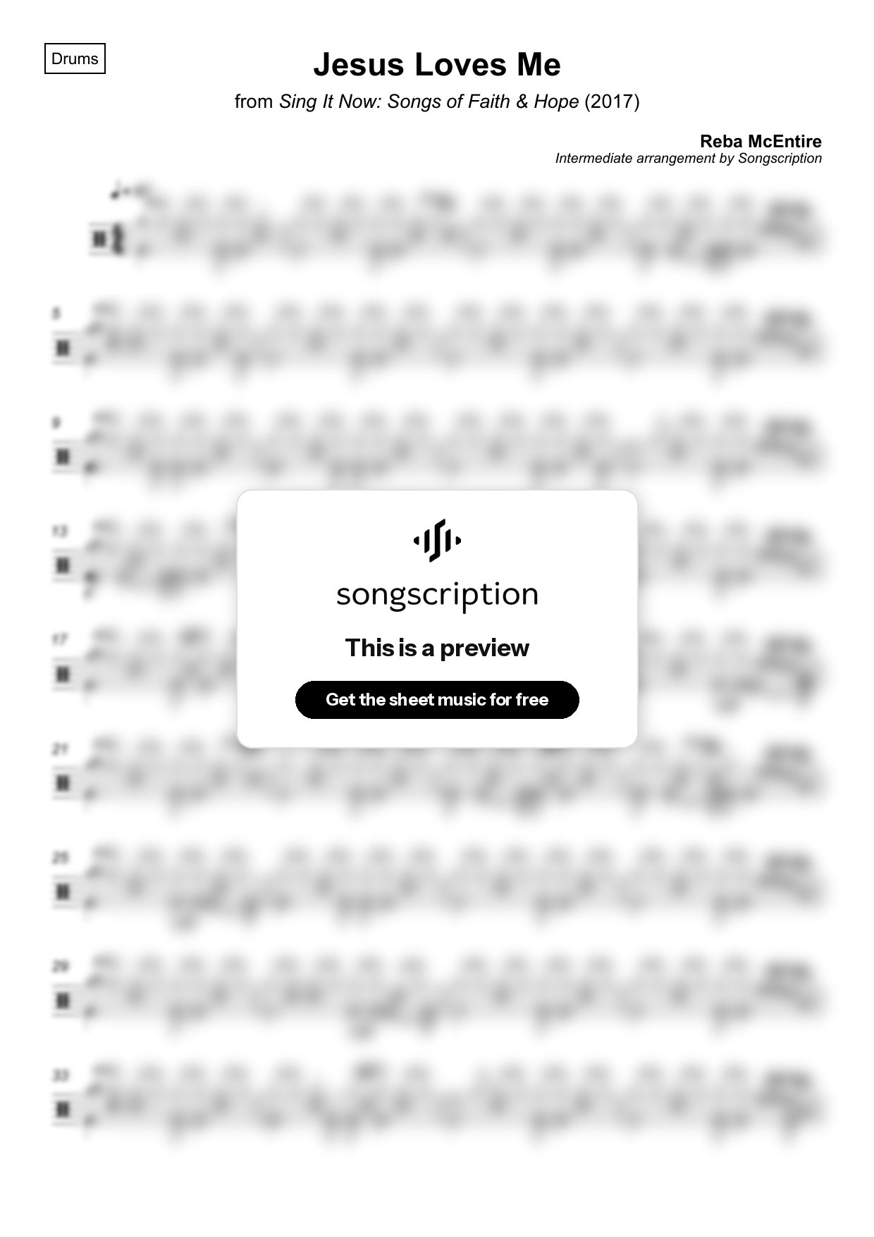 Intermediate Drums Sheet Music for "Jesus Loves Me" by Reba McEntire