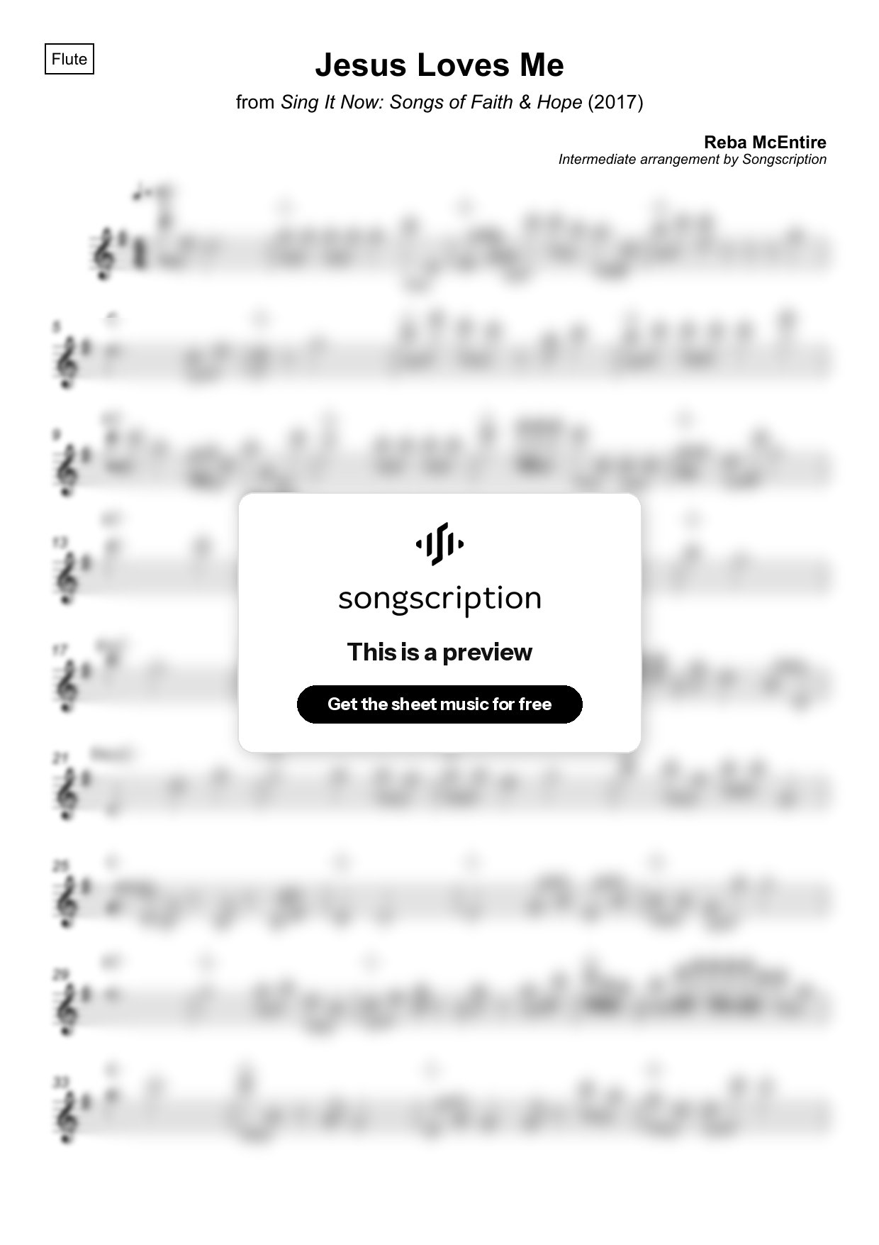 Intermediate Flute Sheet Music for "Jesus Loves Me" by Reba McEntire