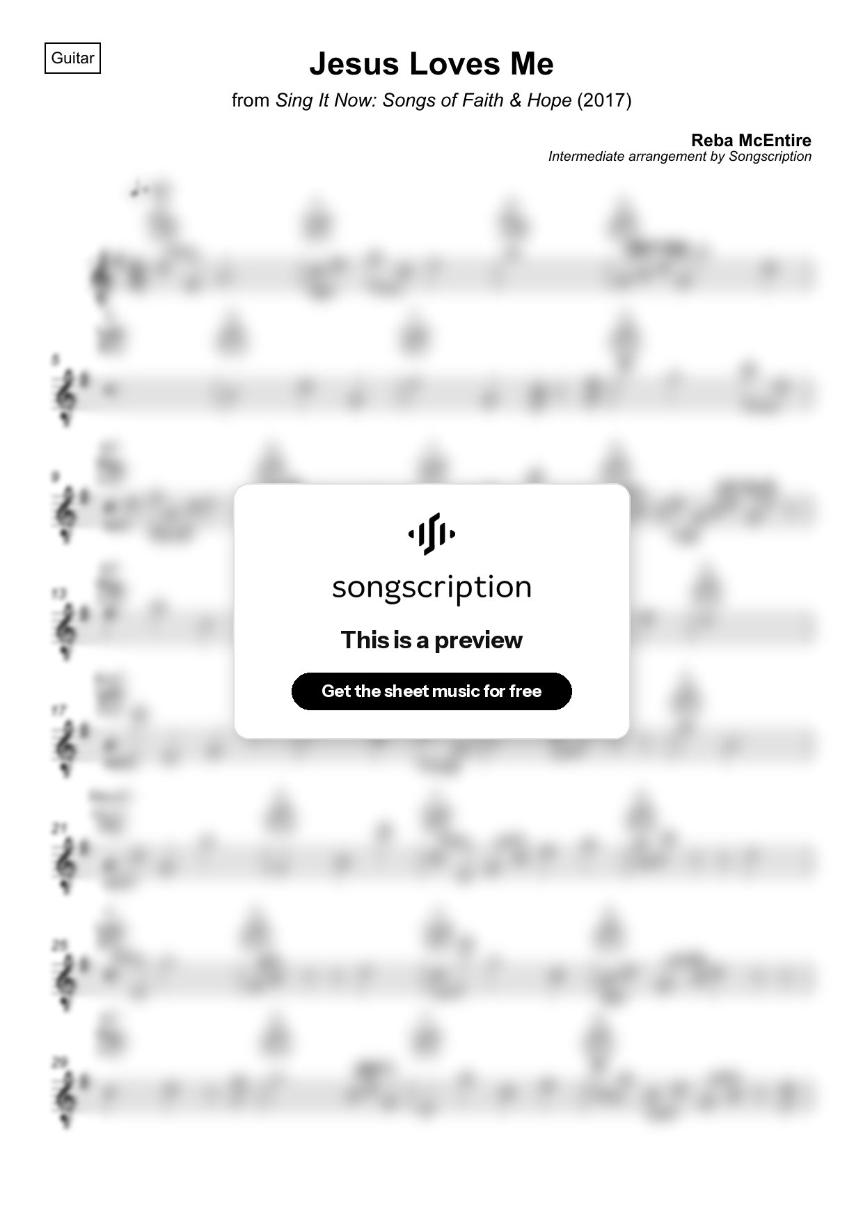 Intermediate Acoustic Guitar Sheet Music for "Jesus Loves Me" by Reba McEntire