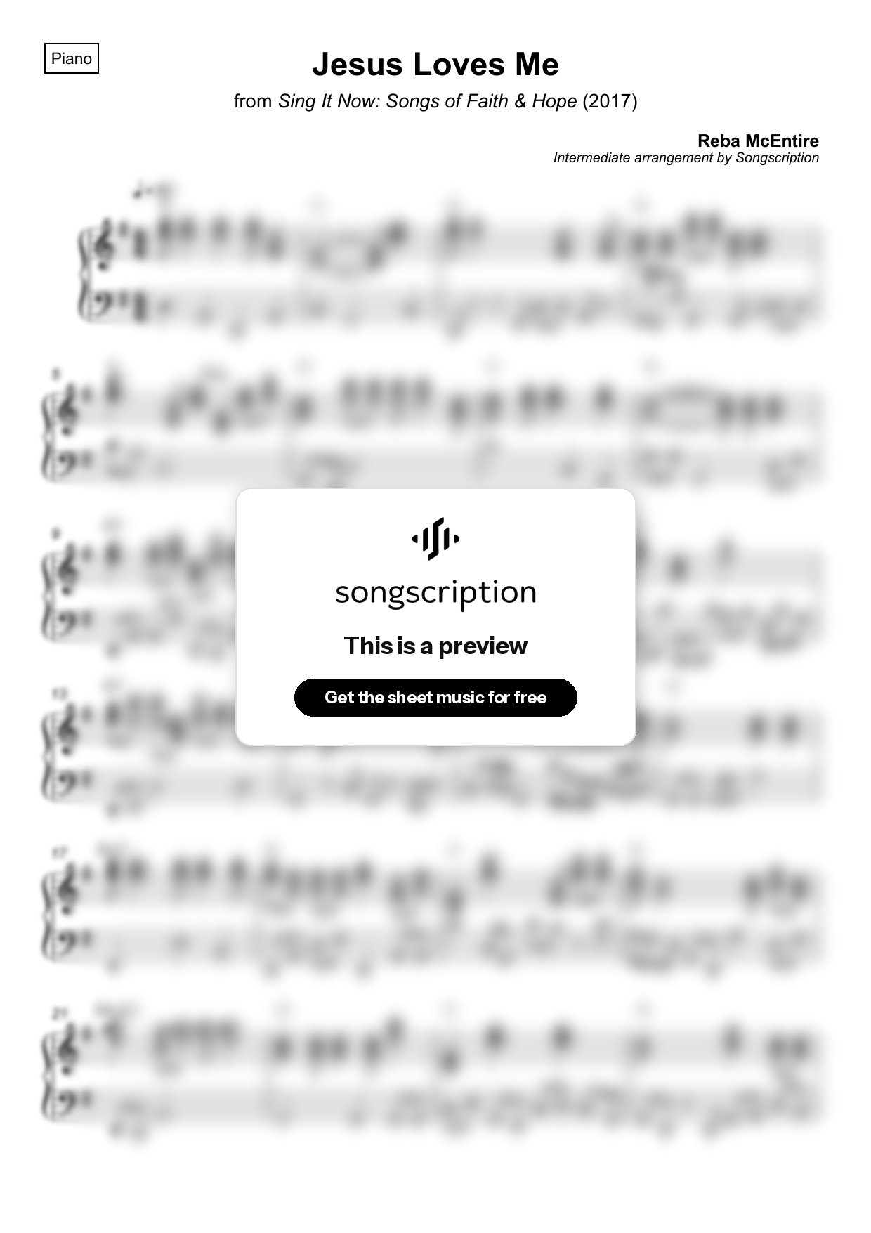 Intermediate Piano Sheet Music for "Jesus Loves Me" by Reba McEntire